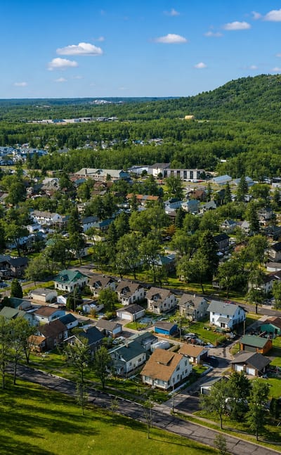 Aerial view over a leafy residential neighborhood of Morgan Park, Chicago, backed by a forested ridge under a blue summer sky