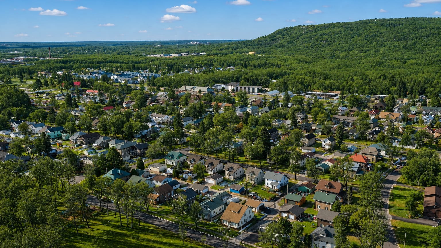 Aerial view over a leafy residential neighborhood of Morgan Park, Chicago, backed by a forested ridge under a blue summer sky