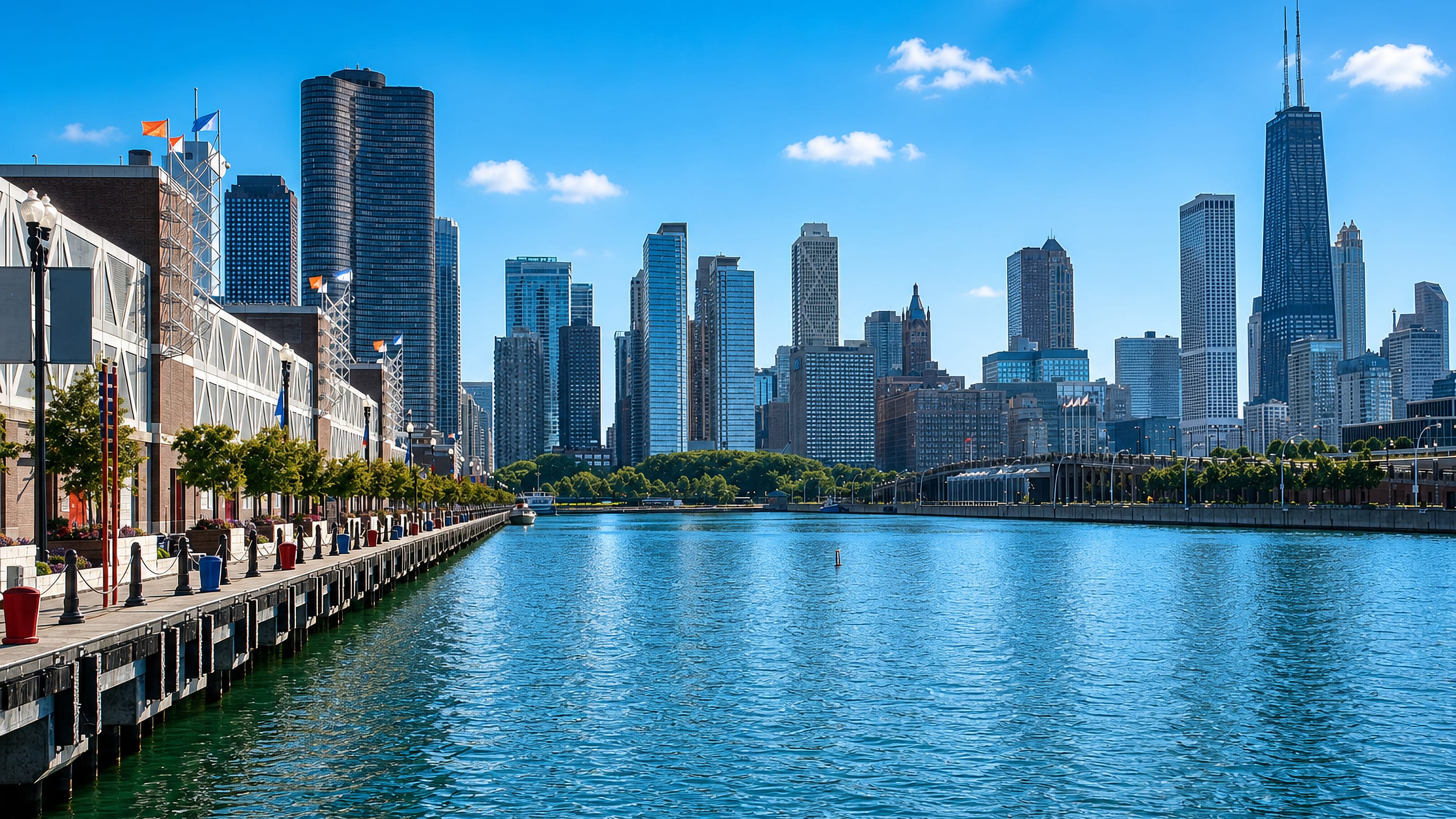 Chicago's Near North Side skyline with the John Hancock tower, seen along the water from the Navy Pier promenade.