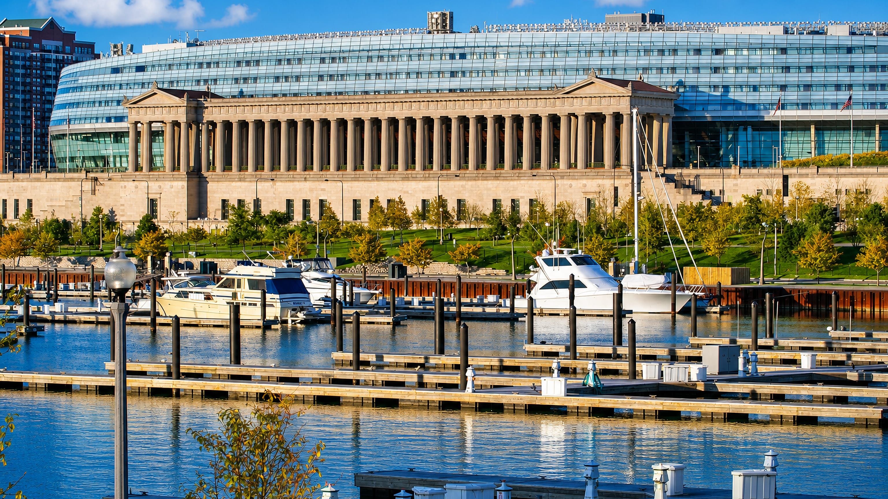 Soldier Field's colonnades above the Burnham Harbor marina on Chicago's Near South Side.