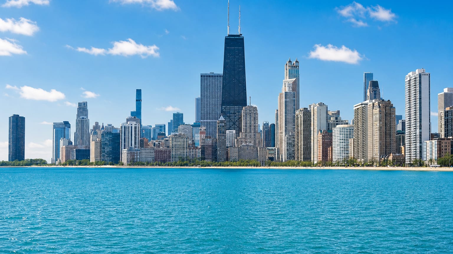 Chicago lakefront skyline with the John Hancock Center and Gold Coast high-rises above the blue water of Lake Michigan