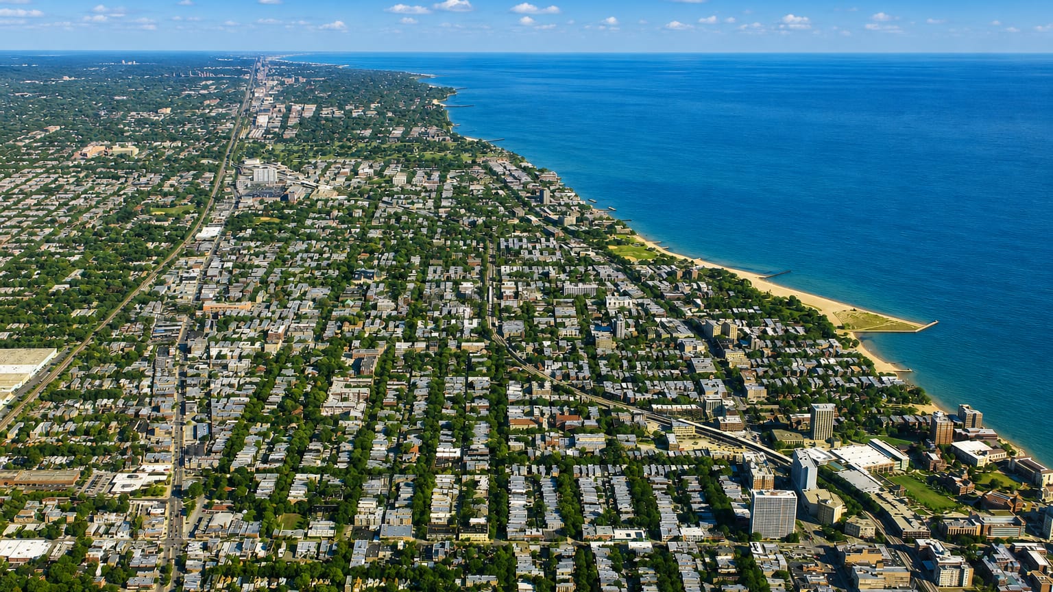 Aerial view of Rogers Park's gridded tree-lined residential streets along the Lake Michigan shoreline in Chicago