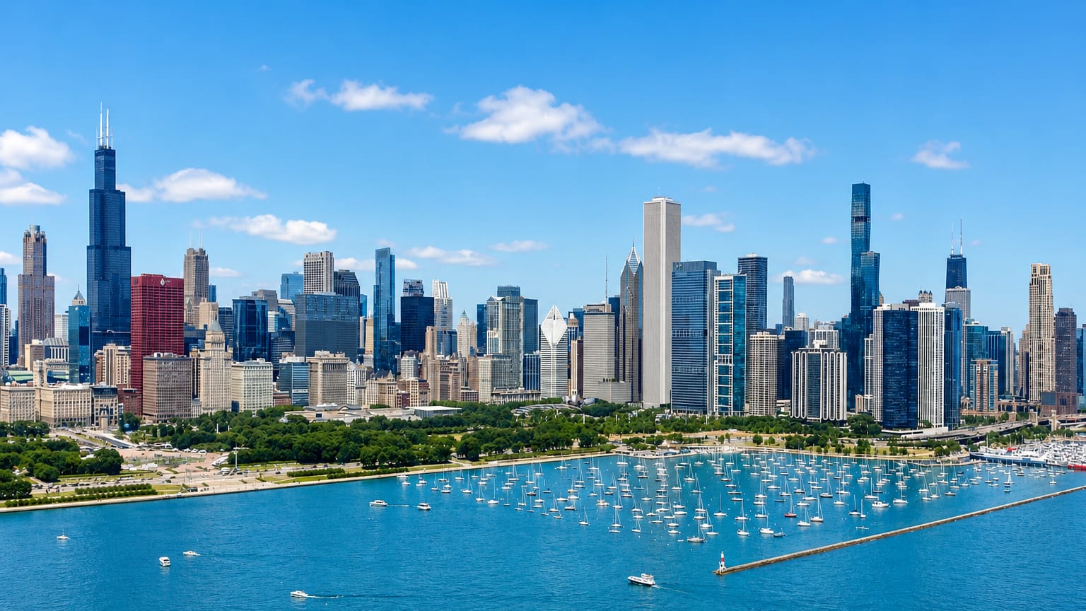 Downtown Chicago skyline with the Willis Tower rising above the lakefront and a harbor full of sailboats on Lake Michigan