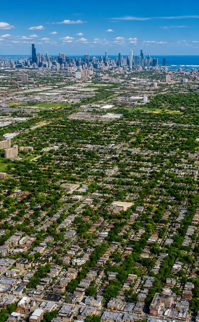 Aerial over the dense residential street grid of West Ridge, Chicago, with the downtown skyline and Lake Michigan on the horizon
