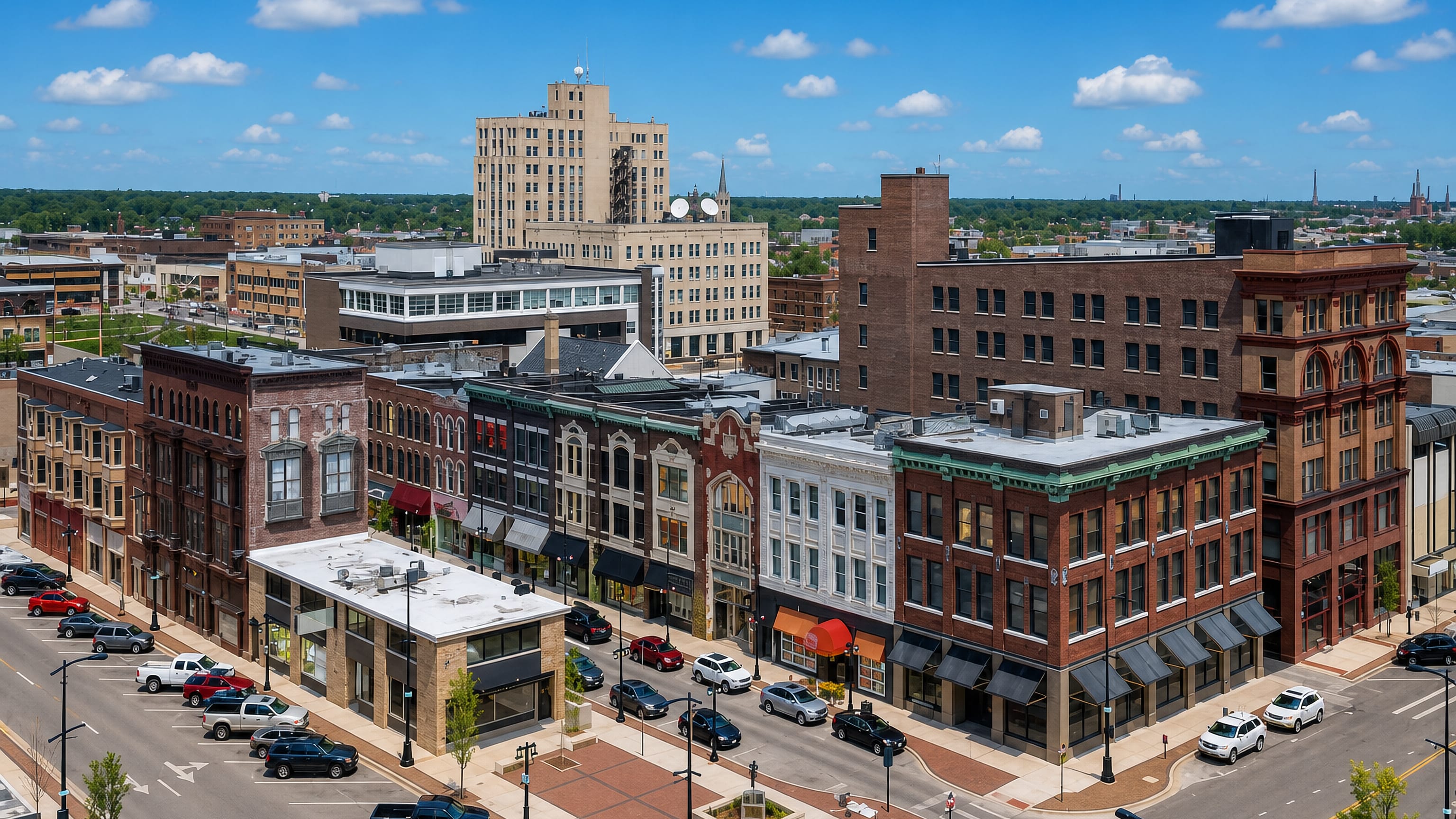 Downtown Decatur, Illinois, with historic brick storefronts and a tan high-rise above the main intersection.