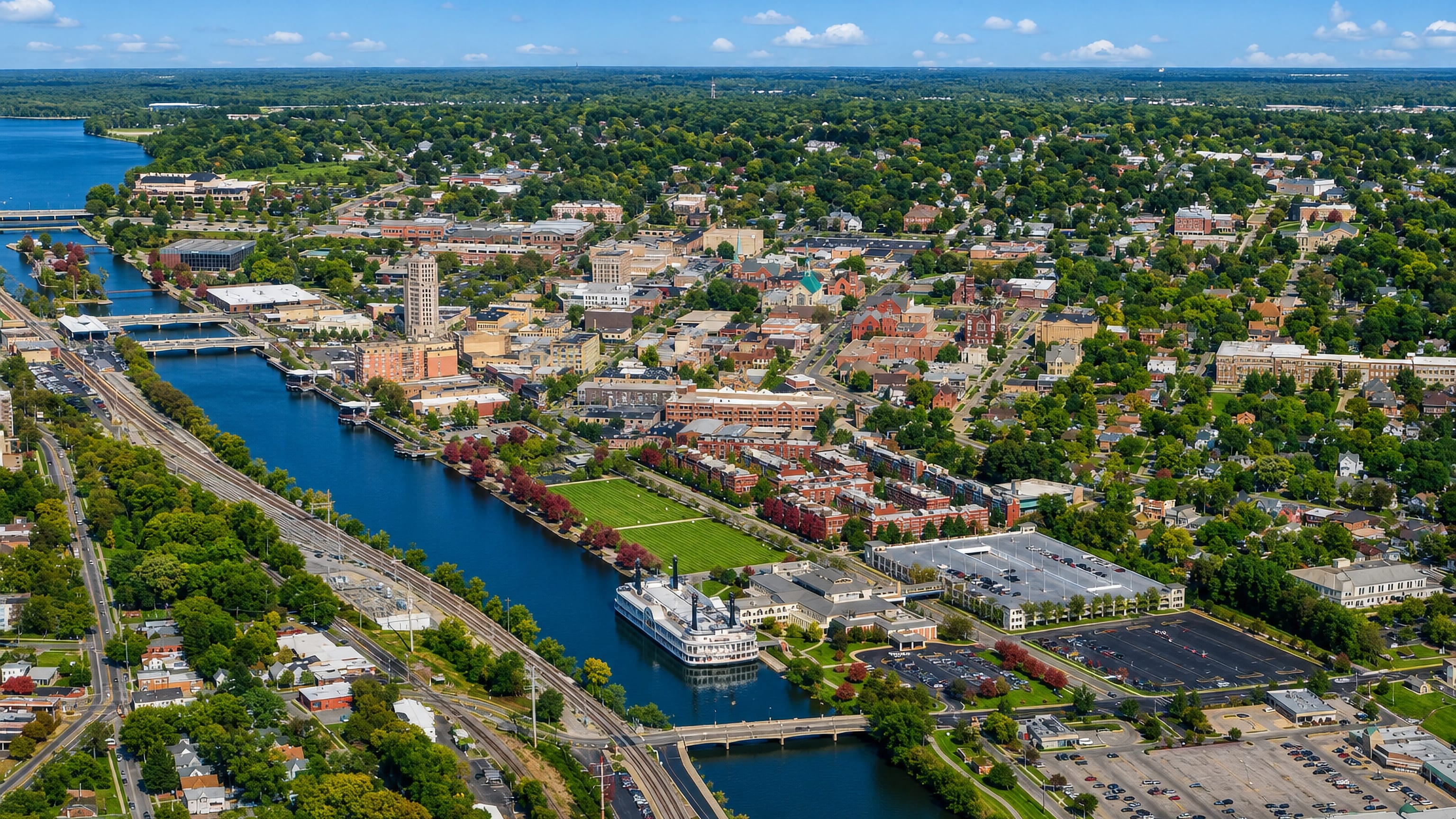 Aerial view of downtown Elgin, Illinois, along the Fox River with its riverboat moored below the bridges.