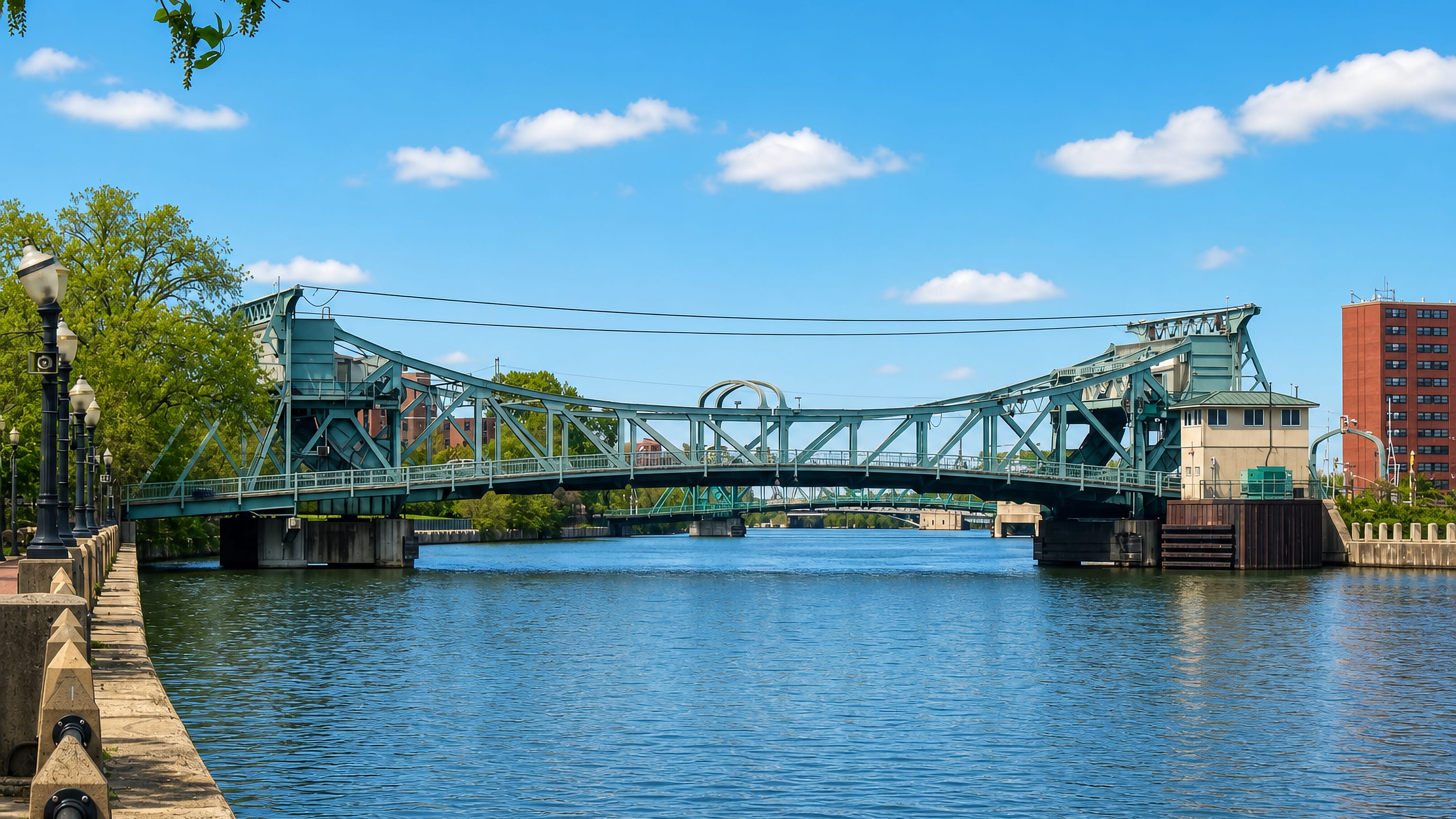 The teal steel lift bridge over the Des Plaines River in downtown Joliet, Illinois.