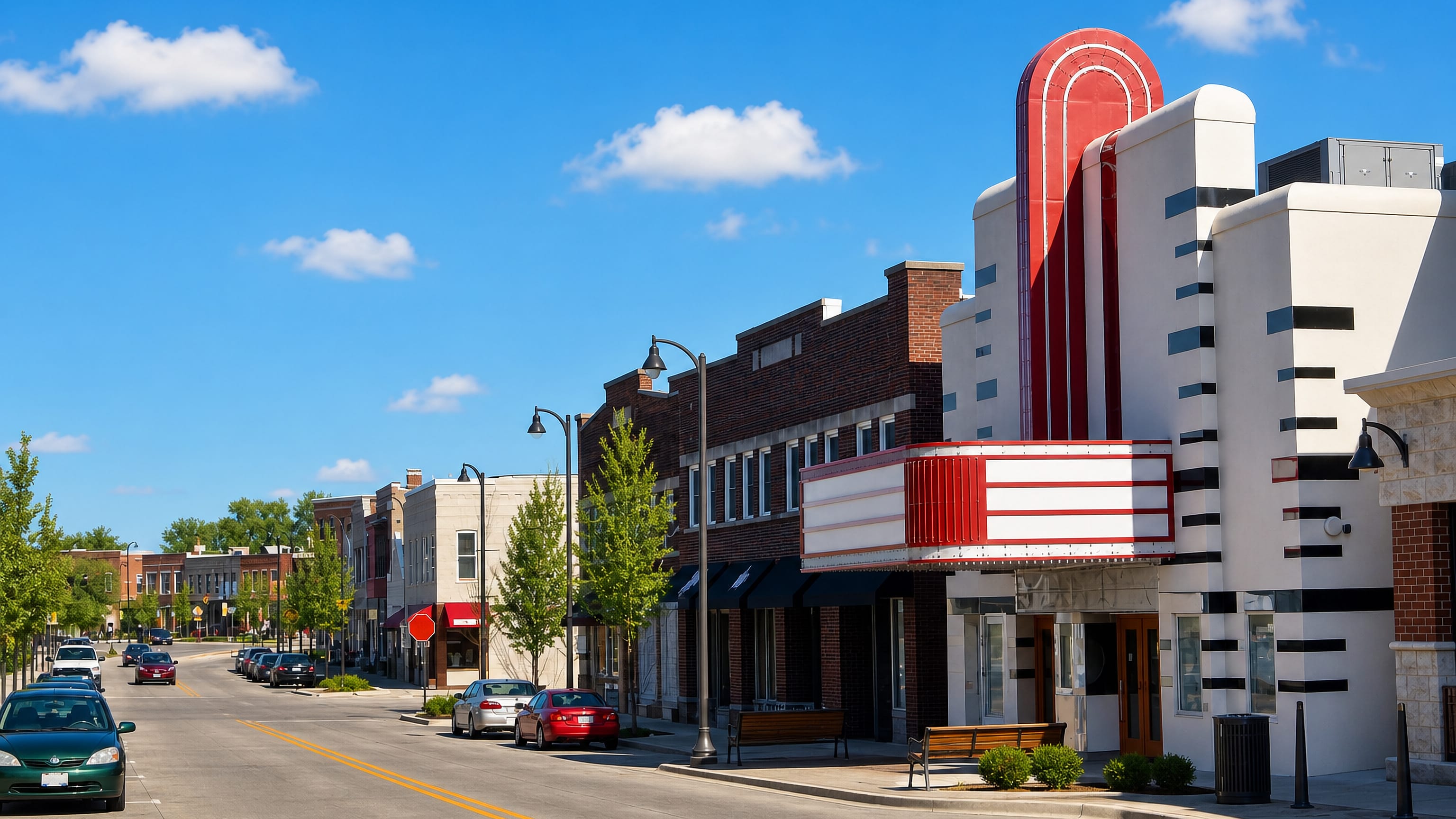 The art deco Normal Theater and brick storefronts along a sunlit main street in Normal, Illinois