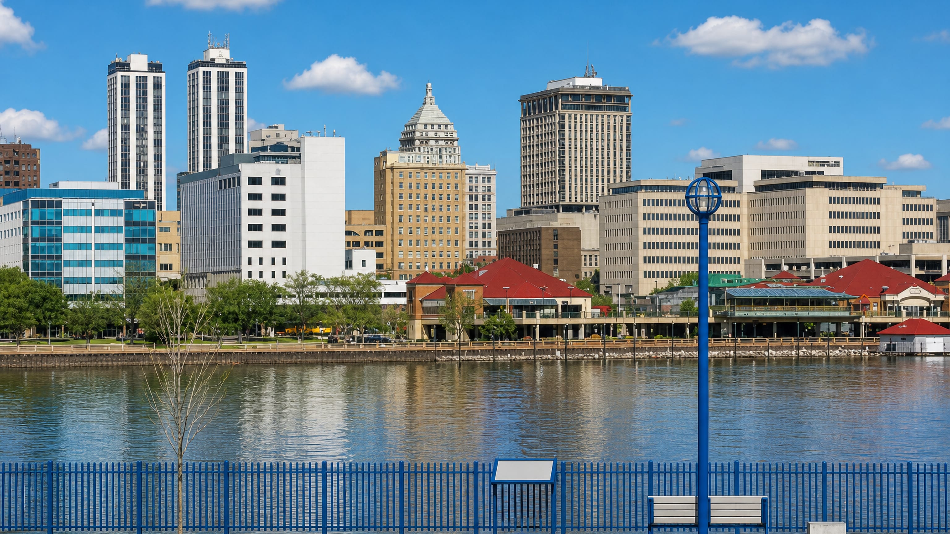Downtown Peoria's skyline across the Illinois River, with the Twin Towers and the riverfront park.