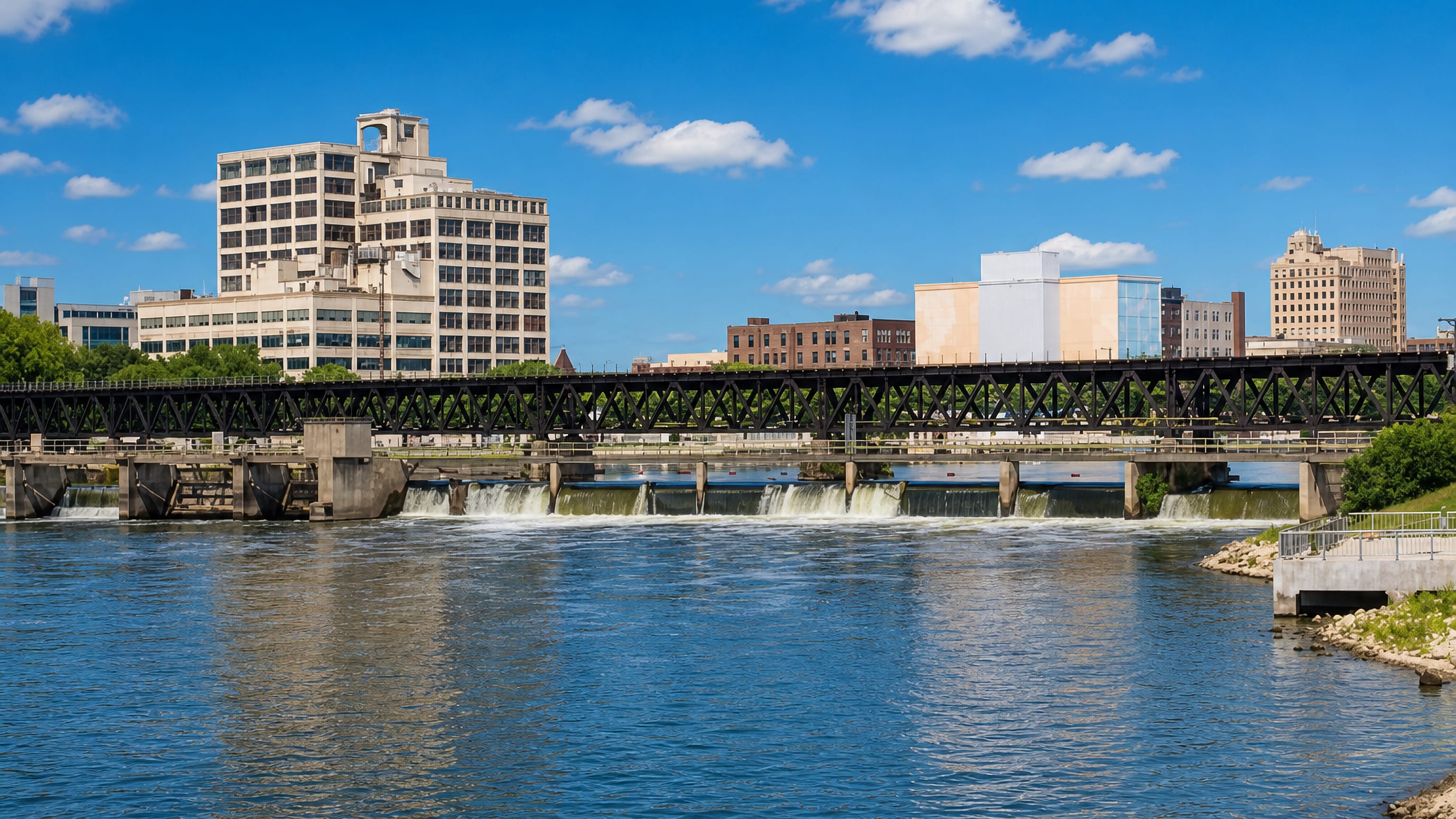 The Rock River at Rockford, Illinois, with its dam, black truss railway bridge and downtown towers behind.
