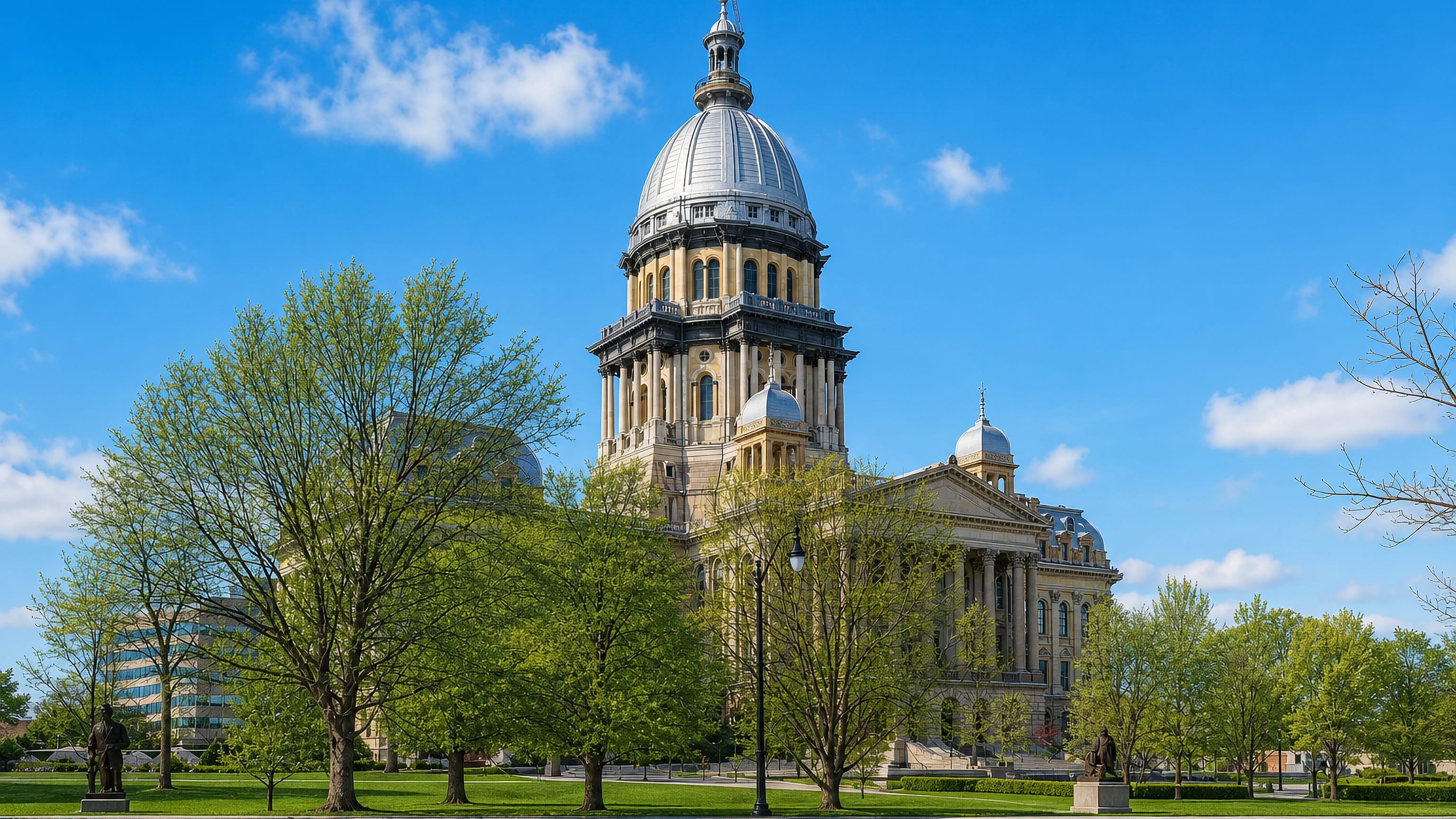 The silver-domed Illinois State Capitol rising above trees and water in Springfield, Illinois.