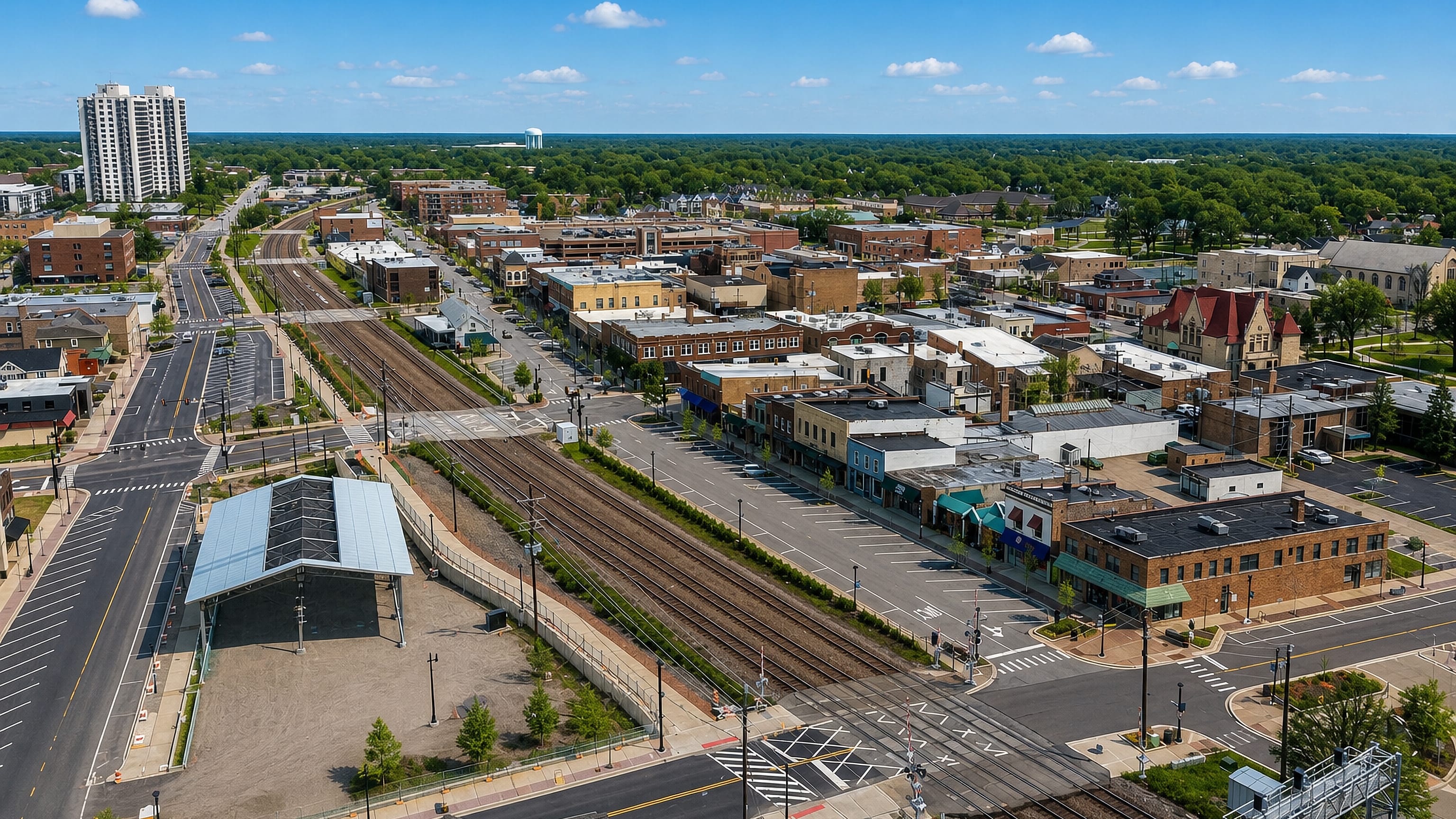 Aerial view of downtown Wheaton, Illinois, with brick storefronts flanking the railway through the town centre.