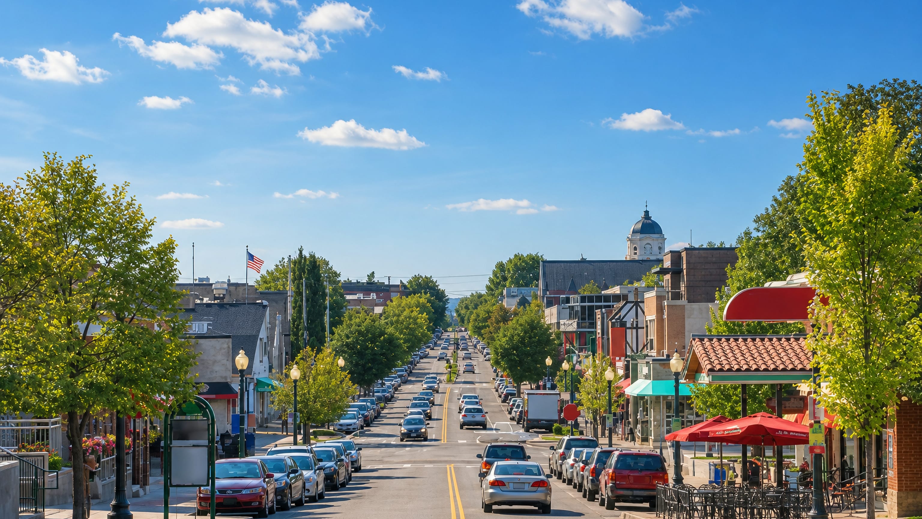 Tree-lined downtown Bloomington, Indiana, main street with shopfront cafes and the Monroe County Courthouse dome.