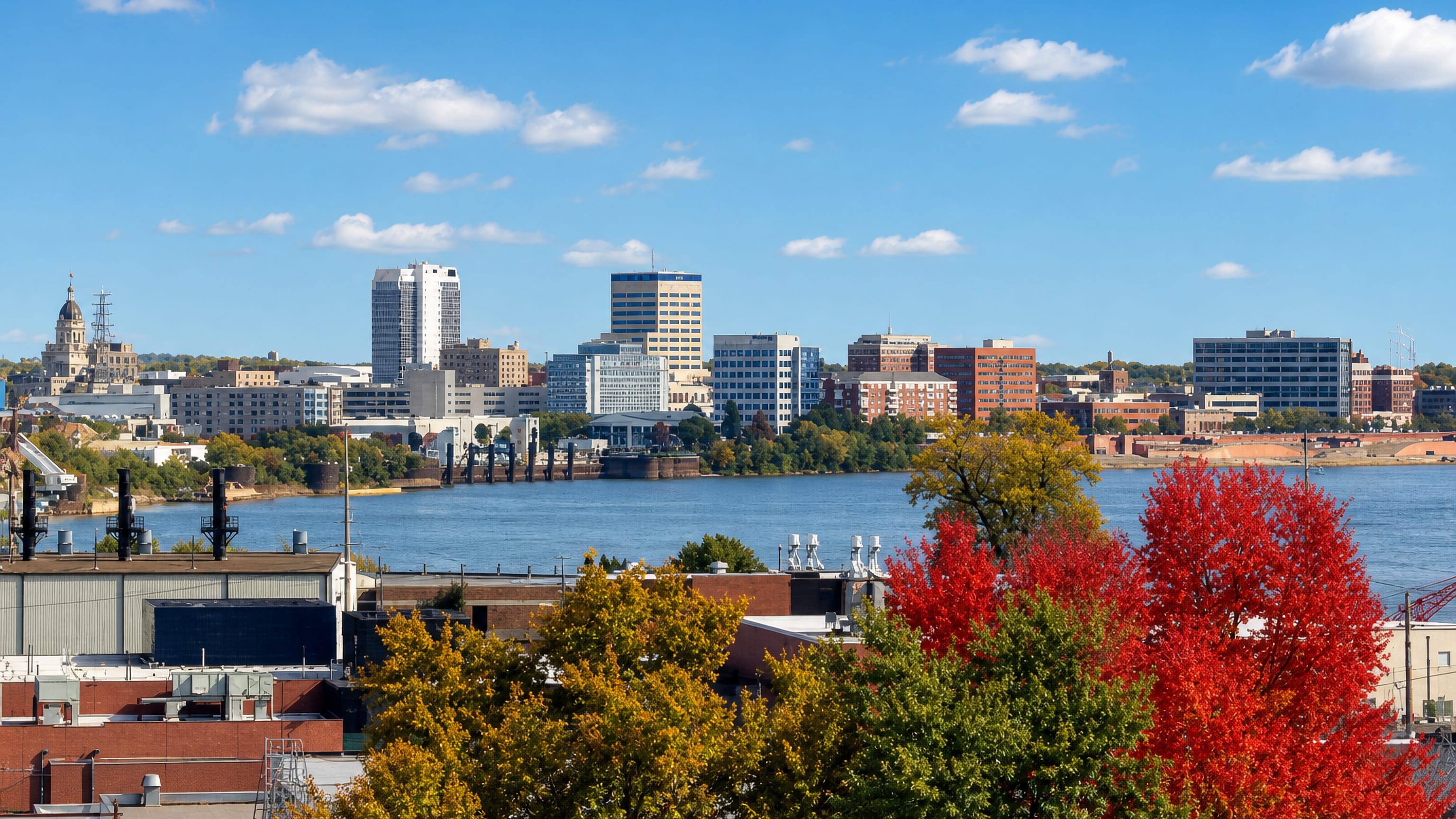 Downtown Evansville's skyline and courthouse dome above the Ohio River, framed by autumn trees.