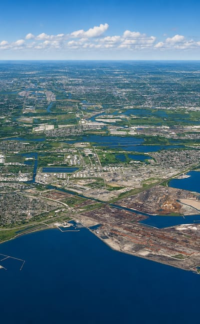 Aerial view of Gary, Indiana, its lakefront steel mills and neighborhoods along Lake Michigan under a blue sky