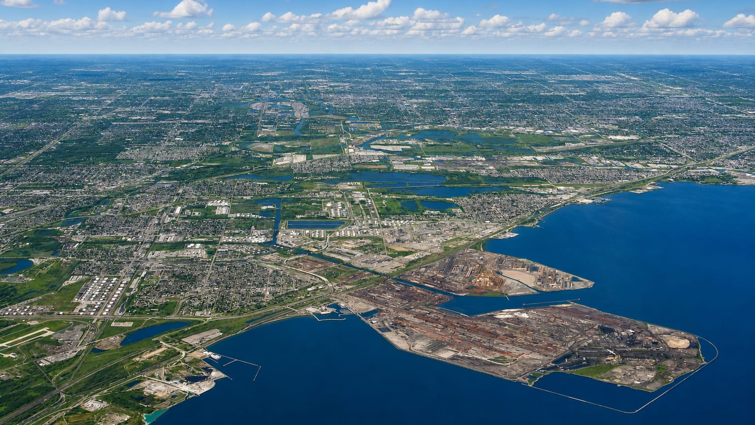 Aerial view of Gary, Indiana, its lakefront steel mills and neighborhoods along Lake Michigan under a blue sky