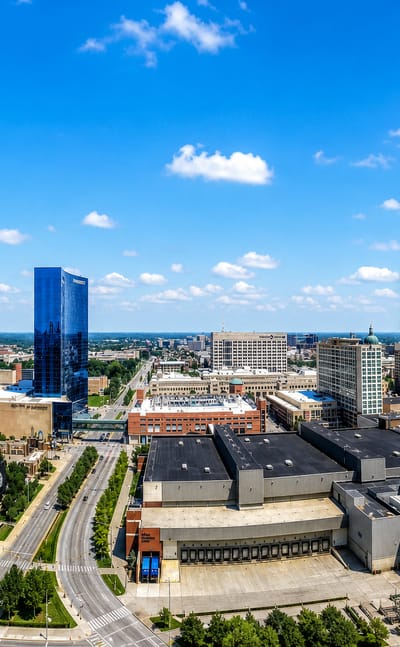 Downtown Indianapolis skyline with the blue JW Marriott tower and Victory Field ballpark.