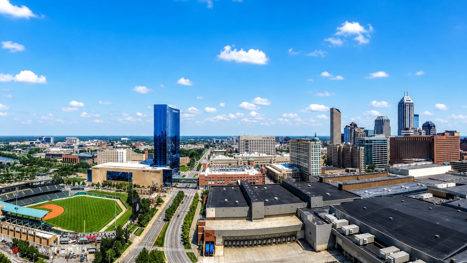 Downtown Indianapolis skyline with the blue JW Marriott tower and Victory Field ballpark.
