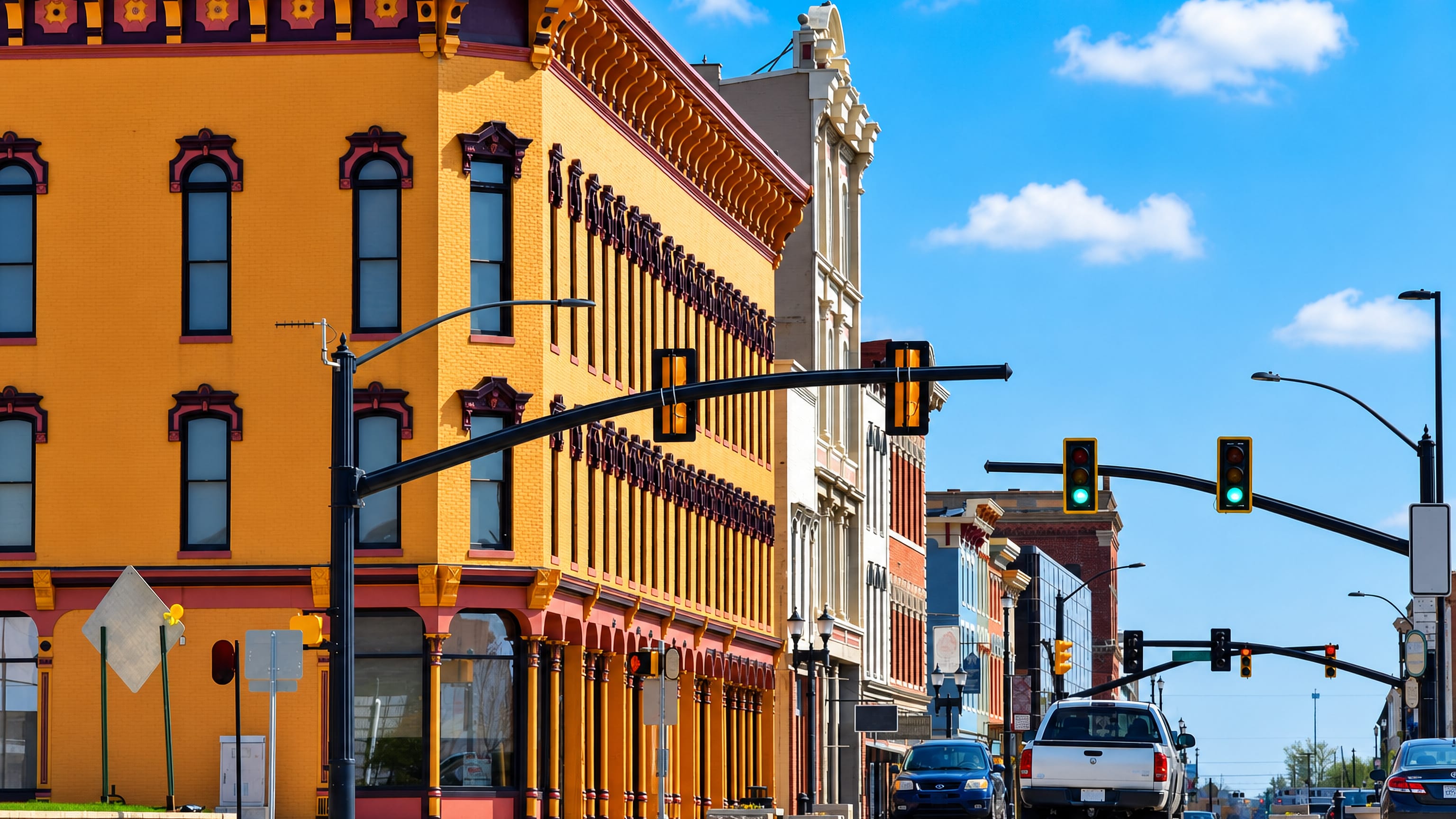 Ornate Italianate storefronts lining a sunny downtown street in Muncie, Indiana.