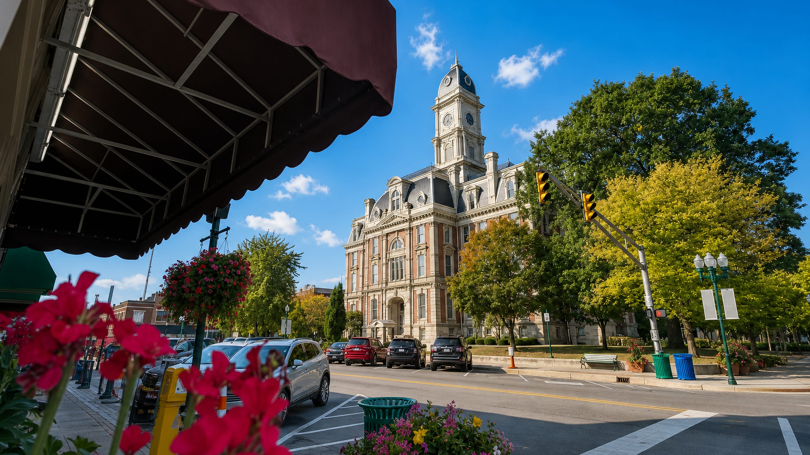 The Hamilton County Courthouse clock tower on the downtown square in Noblesville, Indiana