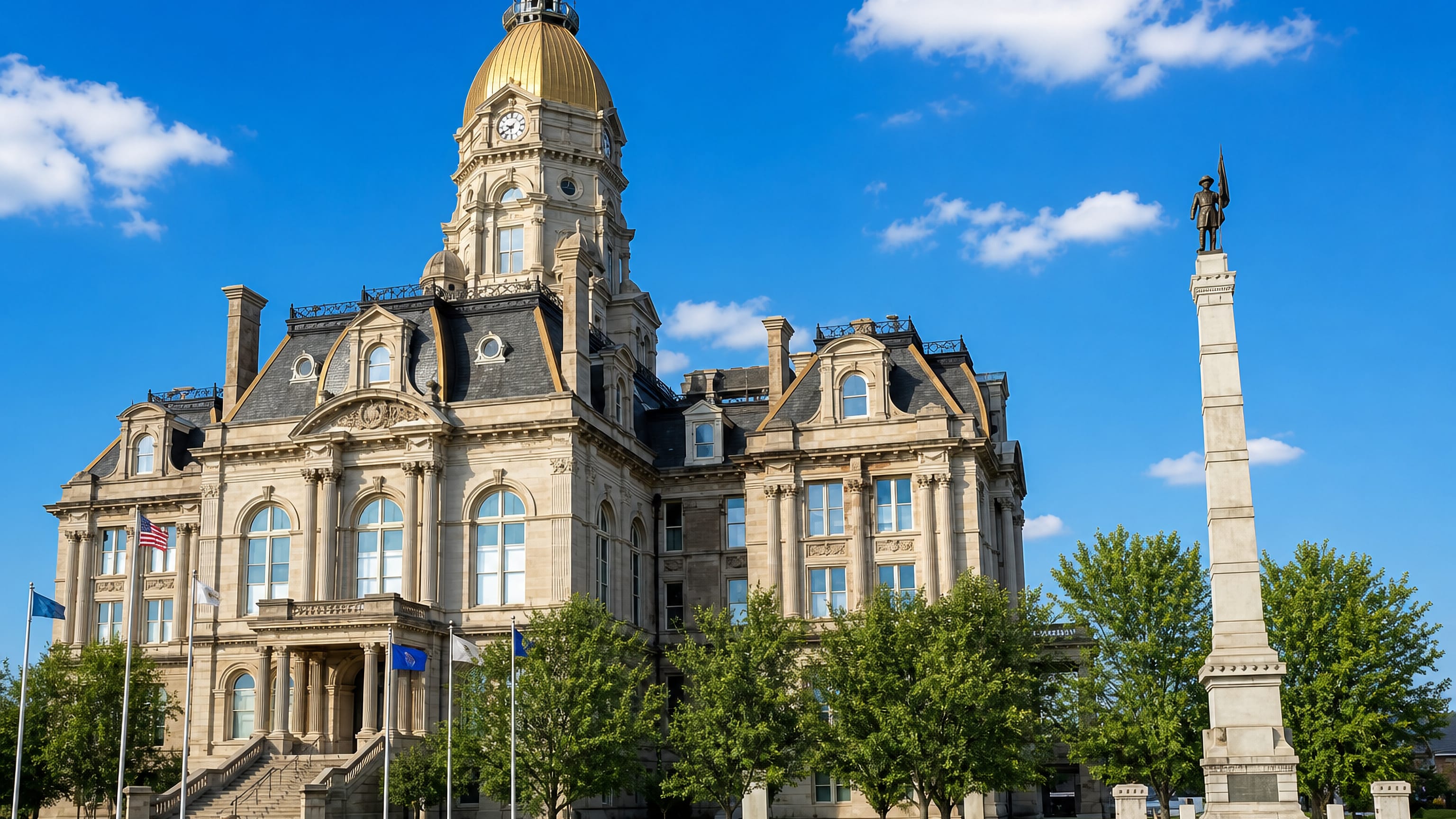 The gold-domed Vigo County Courthouse and Civil War memorial column in downtown Terre Haute, Indiana