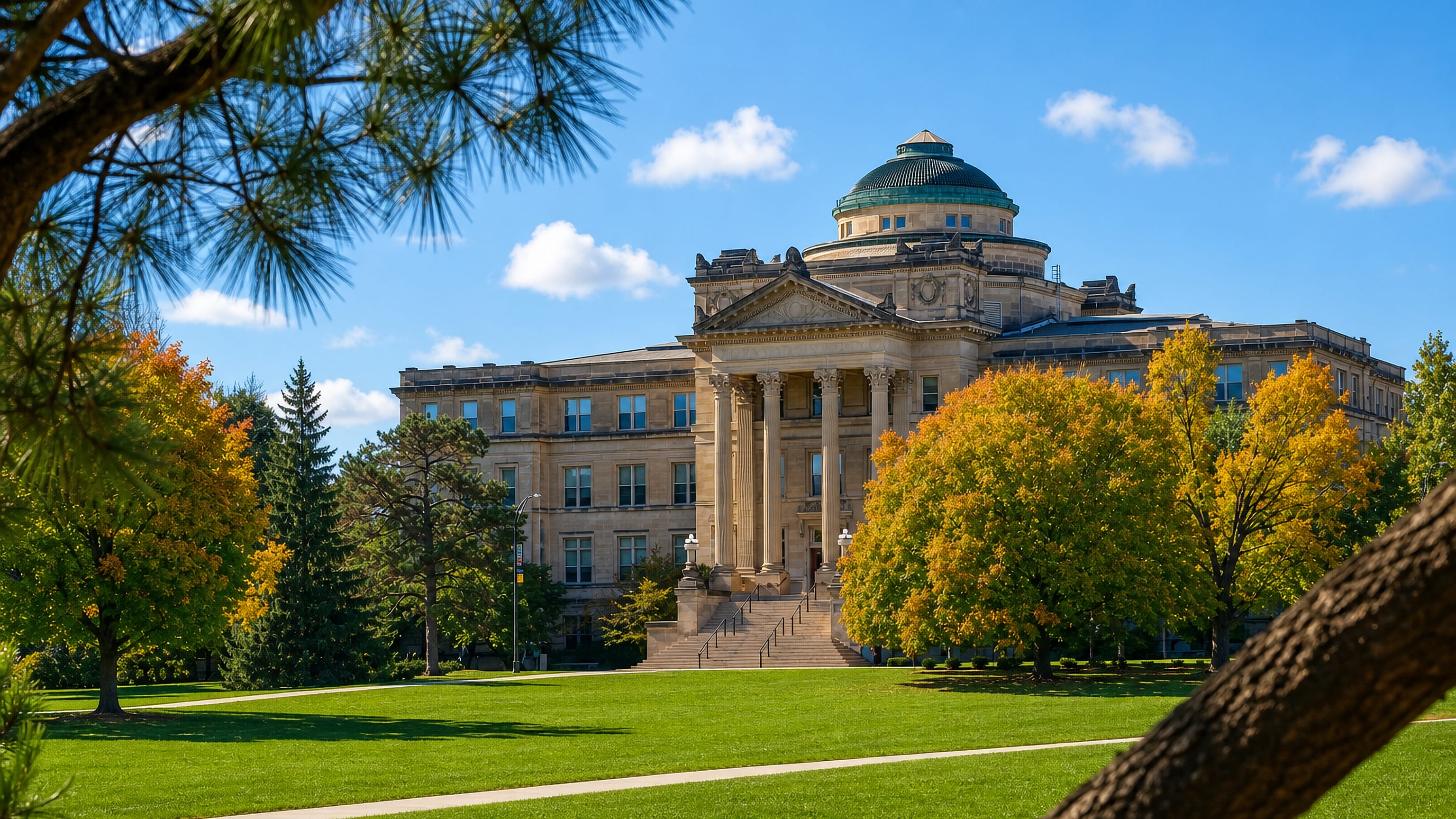 Beardshear Hall's domed limestone facade on the Iowa State University campus lawn in Ames, Iowa, framed by autumn trees.