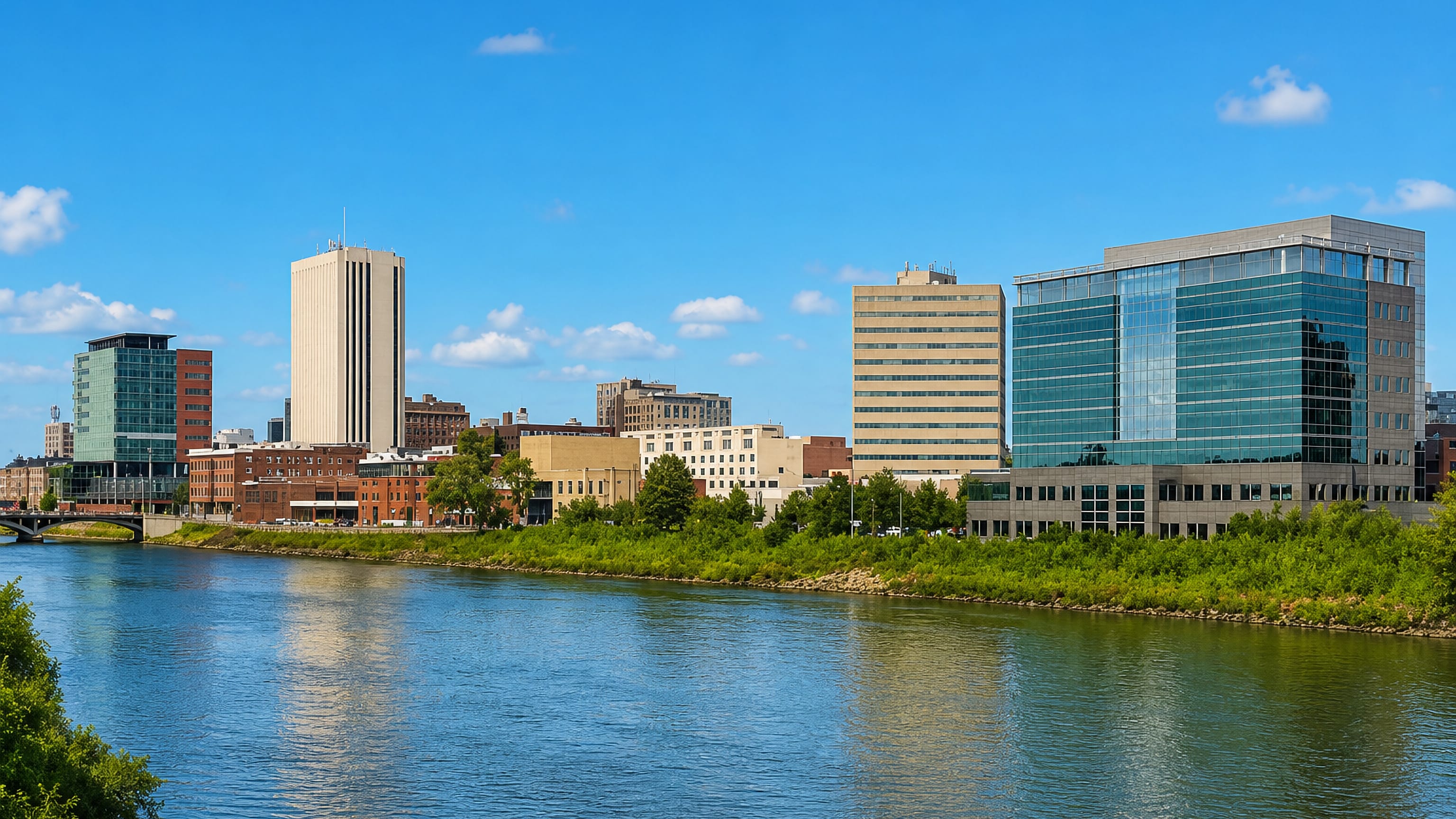 Downtown Cedar Rapids, Iowa, rising above the Cedar River with glass office towers and a tall beige high-rise