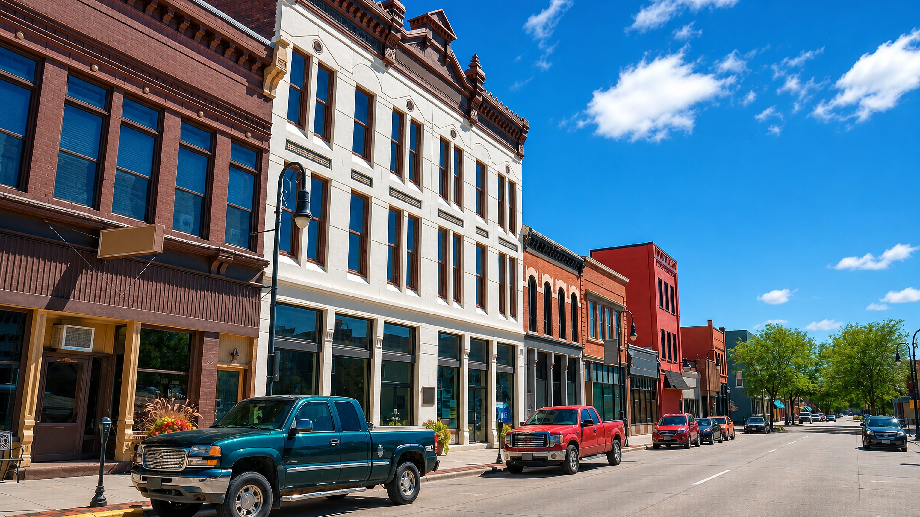 Historic brick storefronts and parked pickup trucks line a sunlit downtown street in Council Bluffs, Iowa.