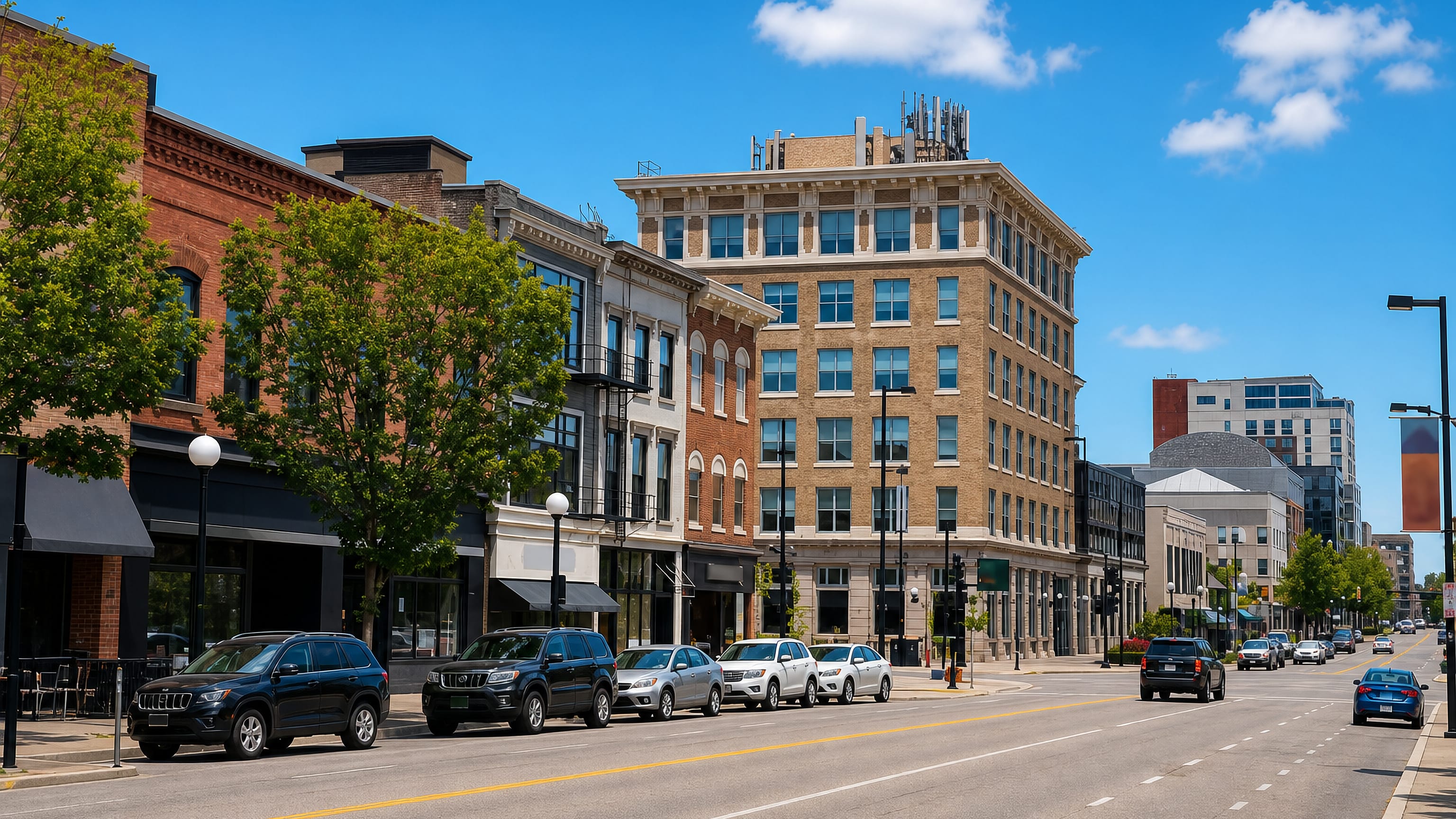 Downtown Iowa City street with historic brick storefronts and a tan-brick corner office block under blue sky