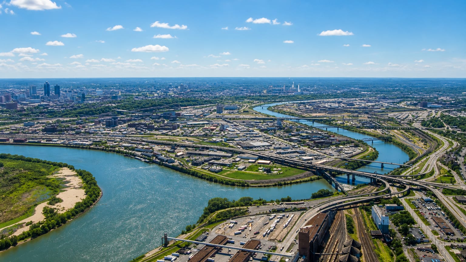 Aerial over the Kansas River confluence, rail yards and the distant downtown skyline of Kansas City, Kansas.