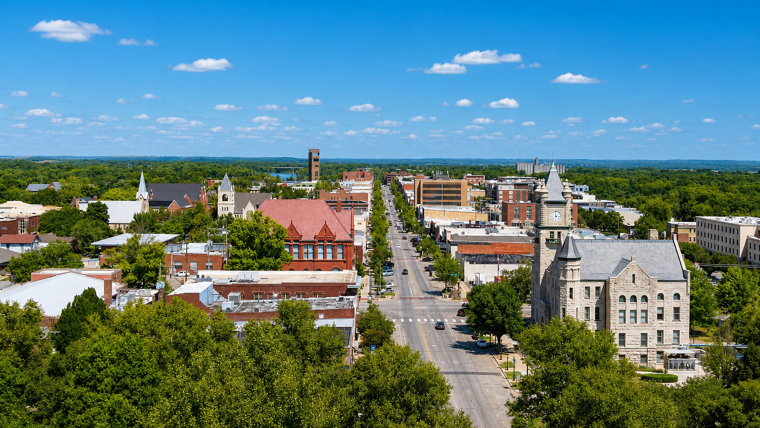 Downtown Lawrence, Kansas, looking along Massachusetts Street past the limestone county courthouse tower.