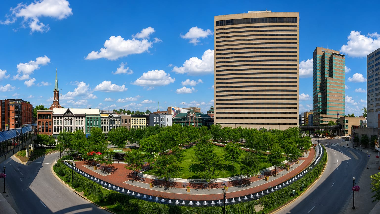 Wide view of downtown Lexington, Kentucky's high-rise towers above a landscaped park and curving streets.