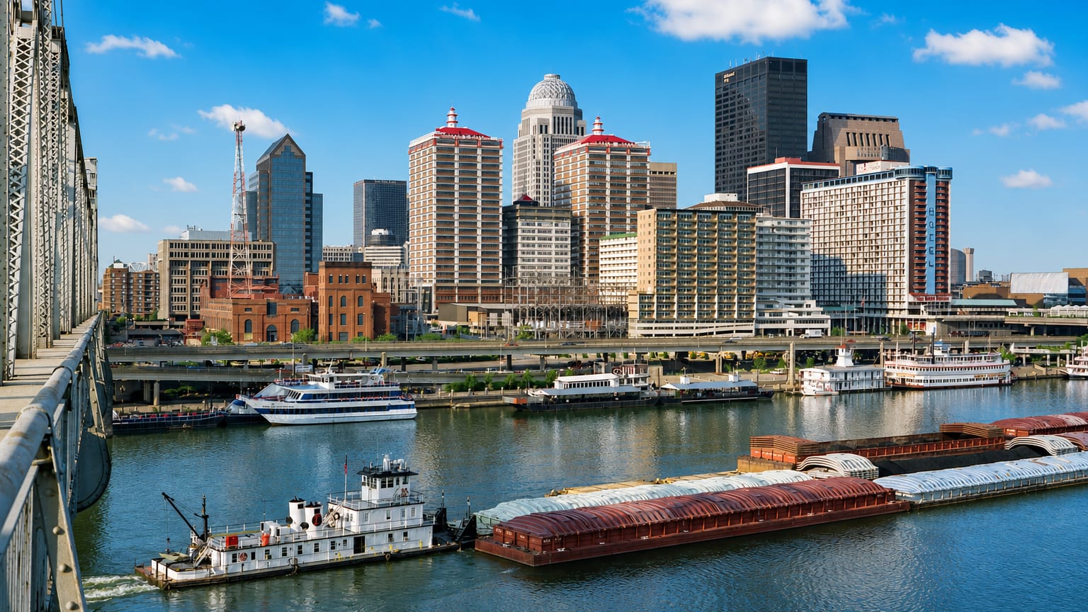 Louisville skyline along the Ohio River with a towboat pushing barges past the domed downtown buildings.