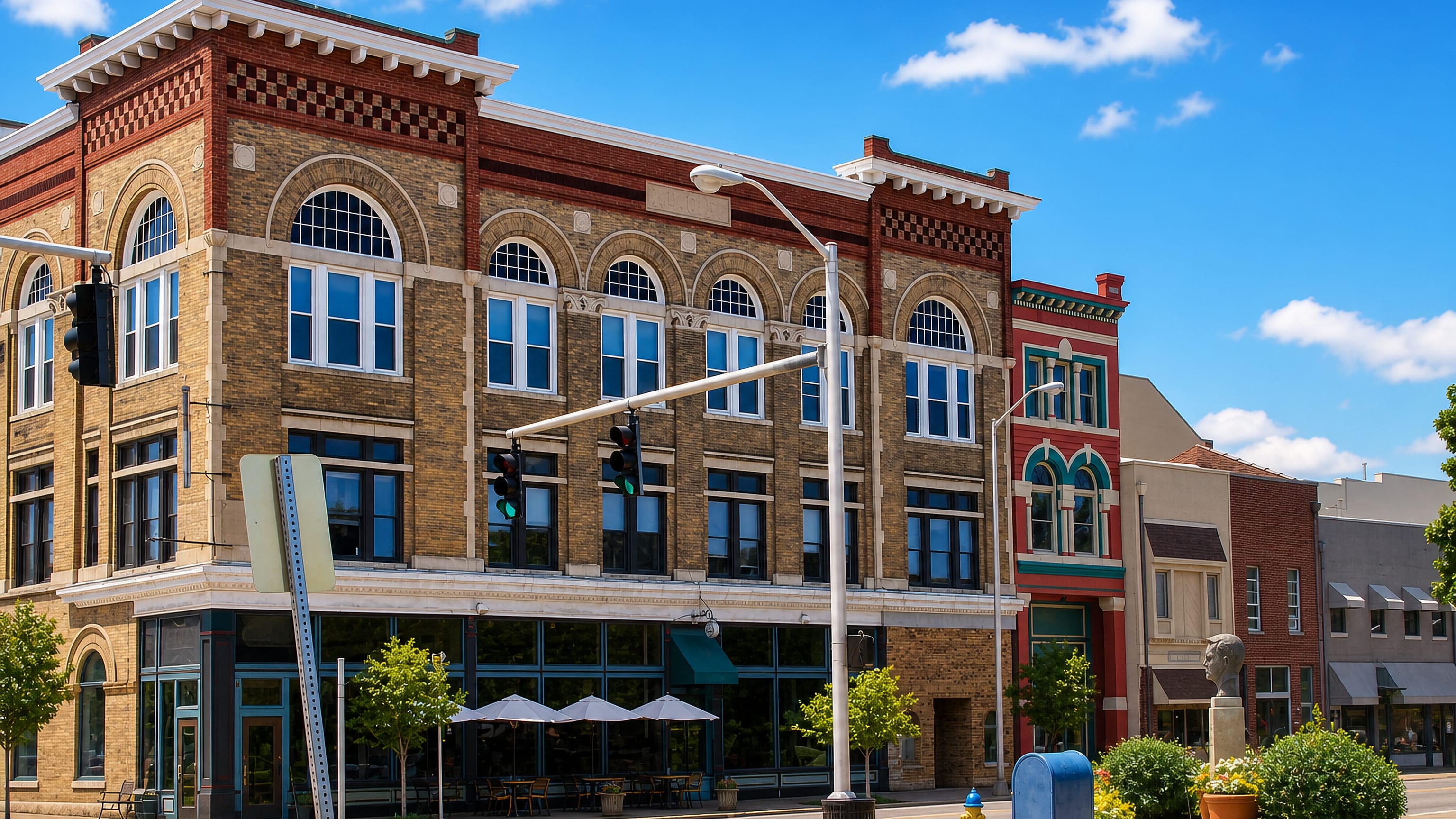 Restored 19th-century brick storefronts on a downtown corner in Owensboro, Kentucky.