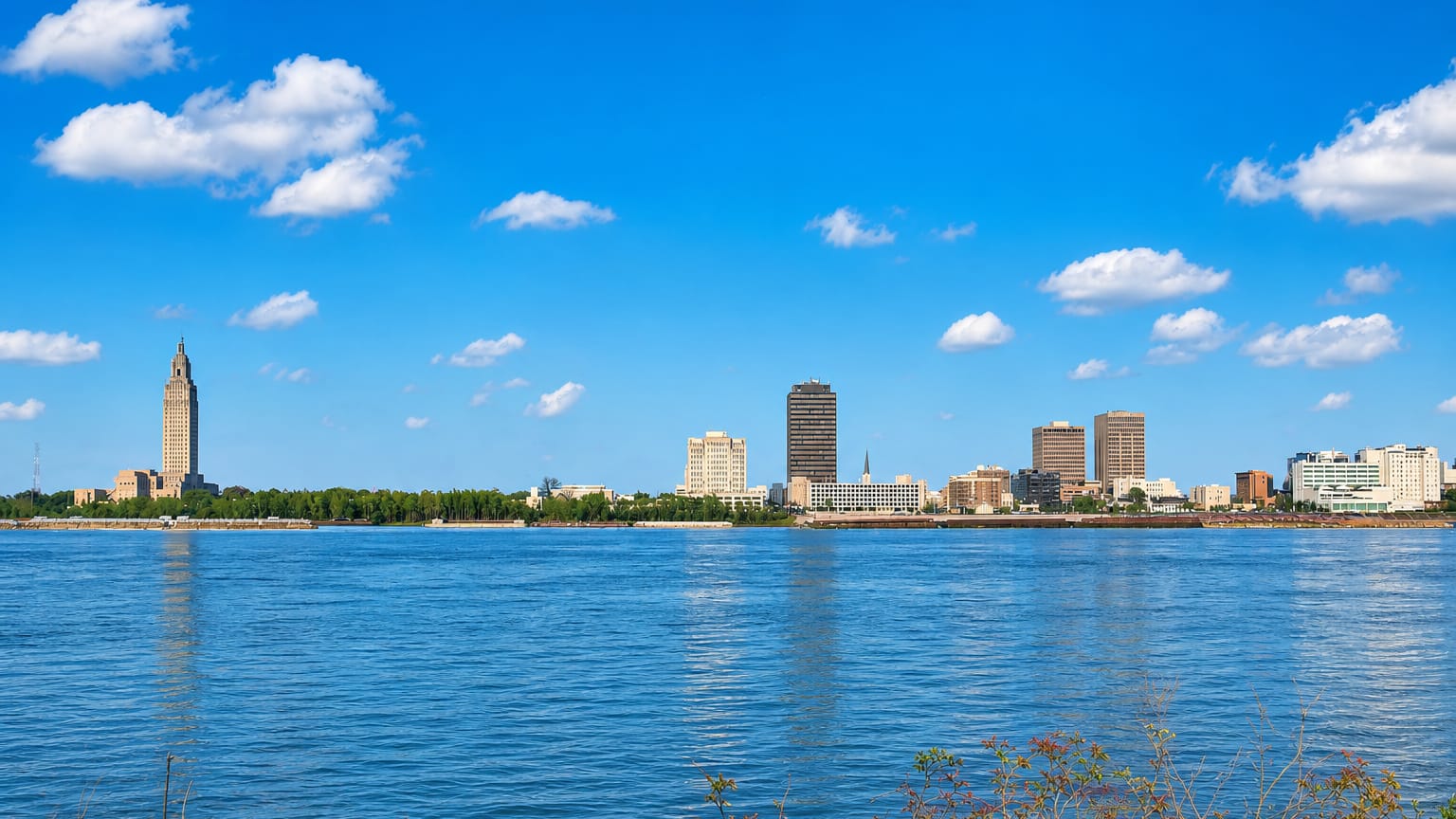 Baton Rouge skyline on the Mississippi River anchored by the tall art-deco Louisiana State Capitol tower.