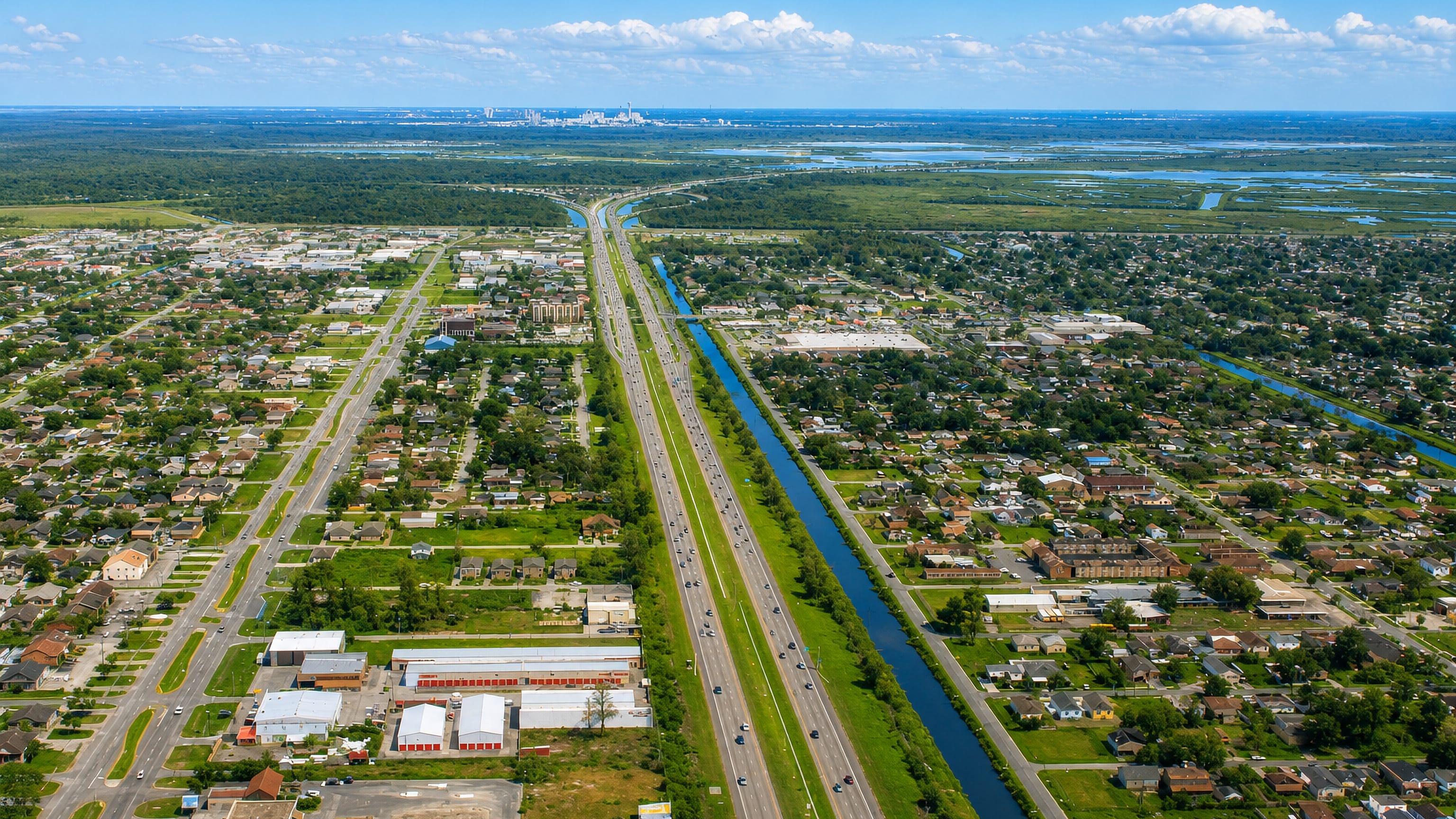Aerial view of Kenner, Louisiana, its suburban grid split by a divided highway and canal beside wetlands.