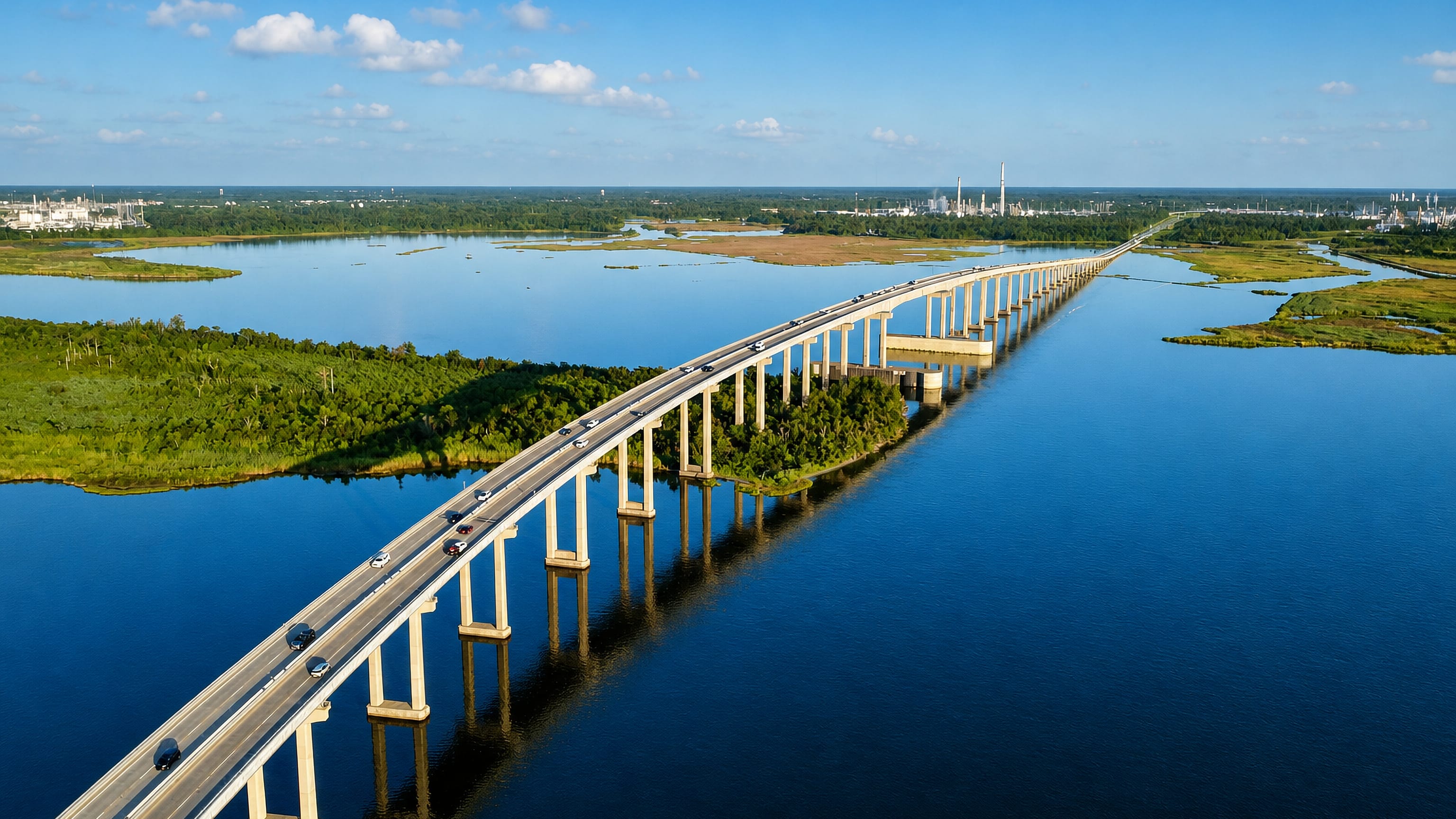 A long causeway bridge crossing water and marshland near Lake Charles, Louisiana, with refineries beyond.