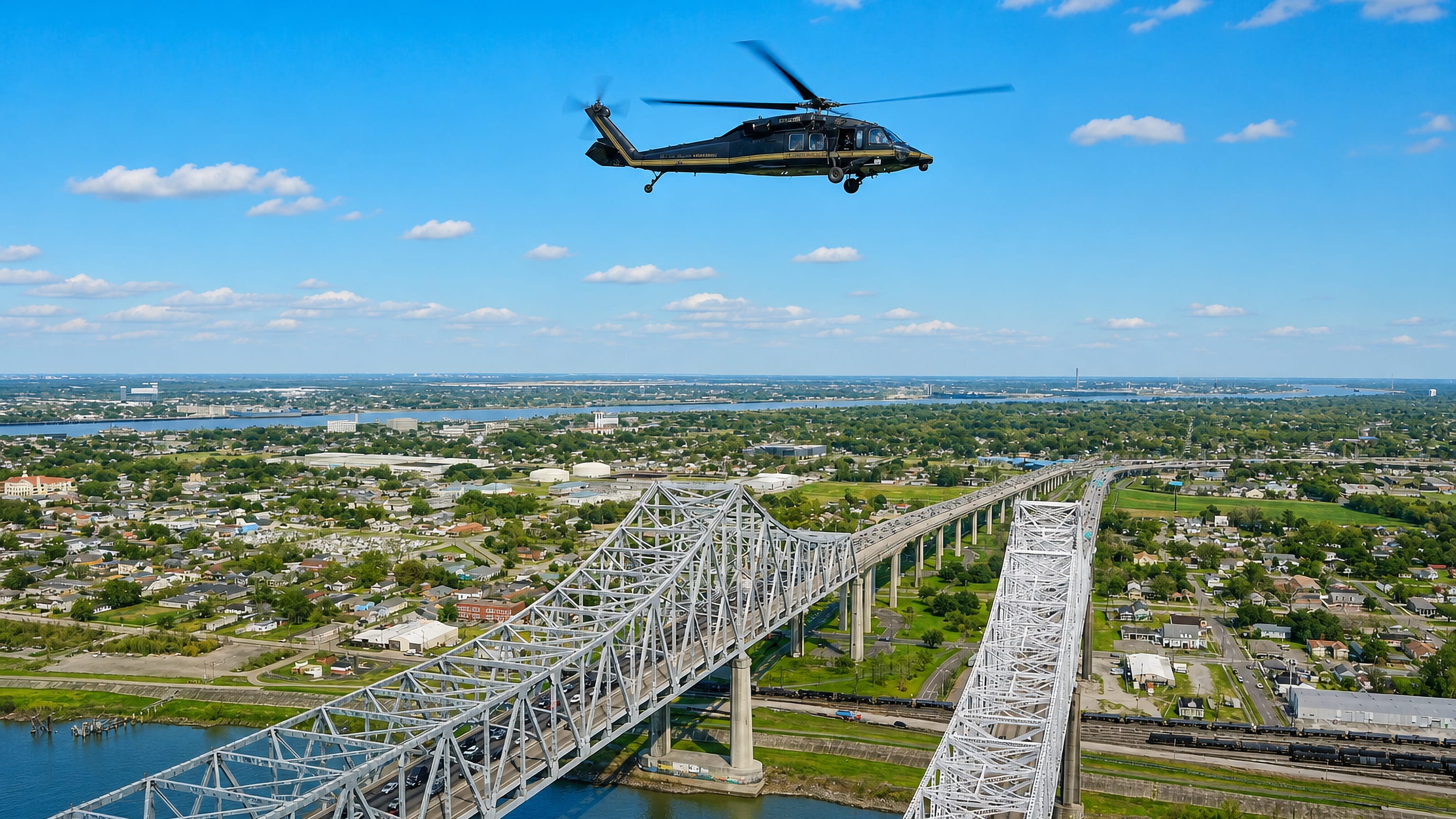 The twin Crescent City Connection bridges spanning the Mississippi toward Algiers on the New Orleans west bank.