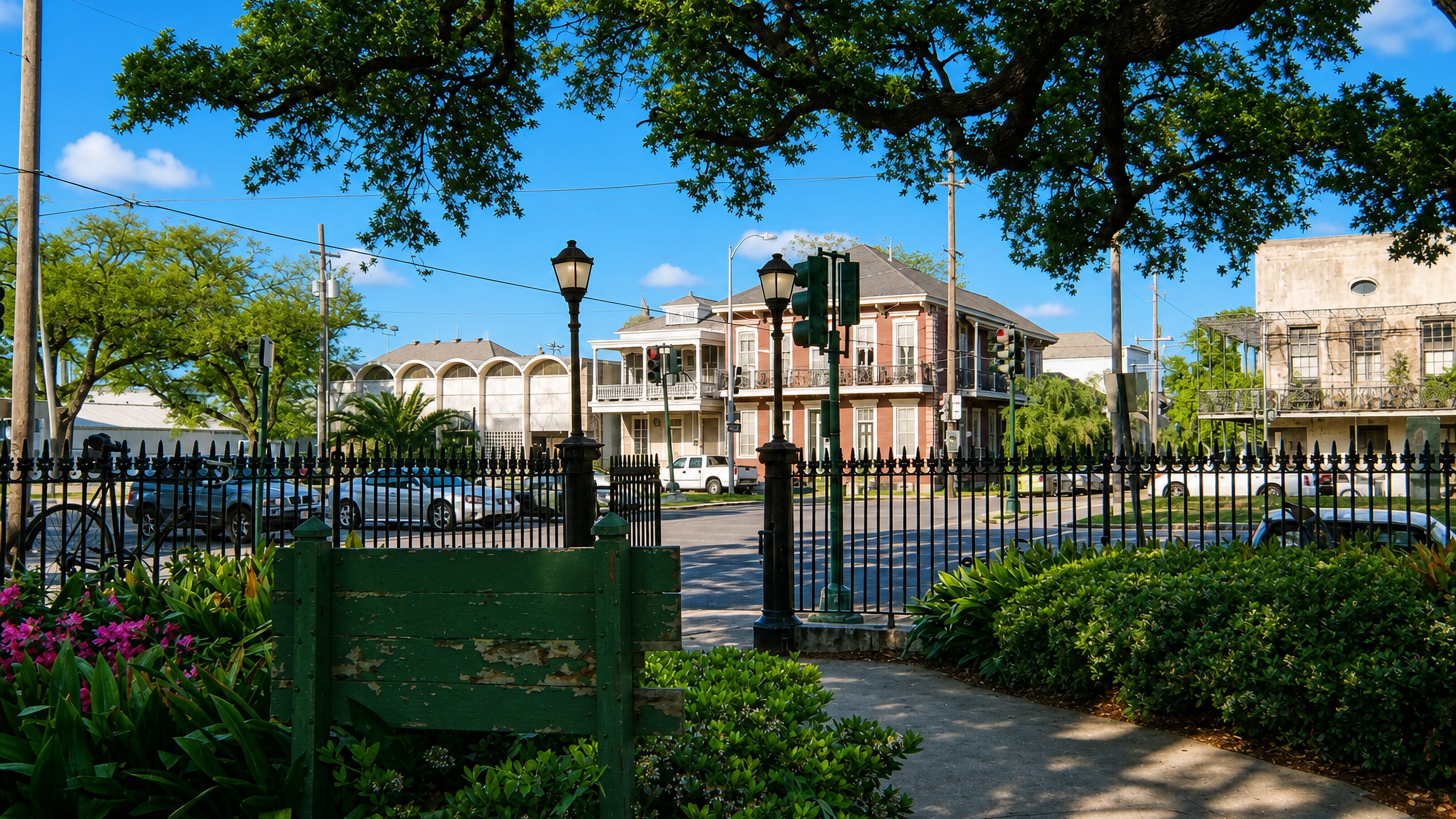 Live oaks and an iron park fence facing Creole townhouses with cast-iron galleries in Faubourg Marigny, New Orleans.