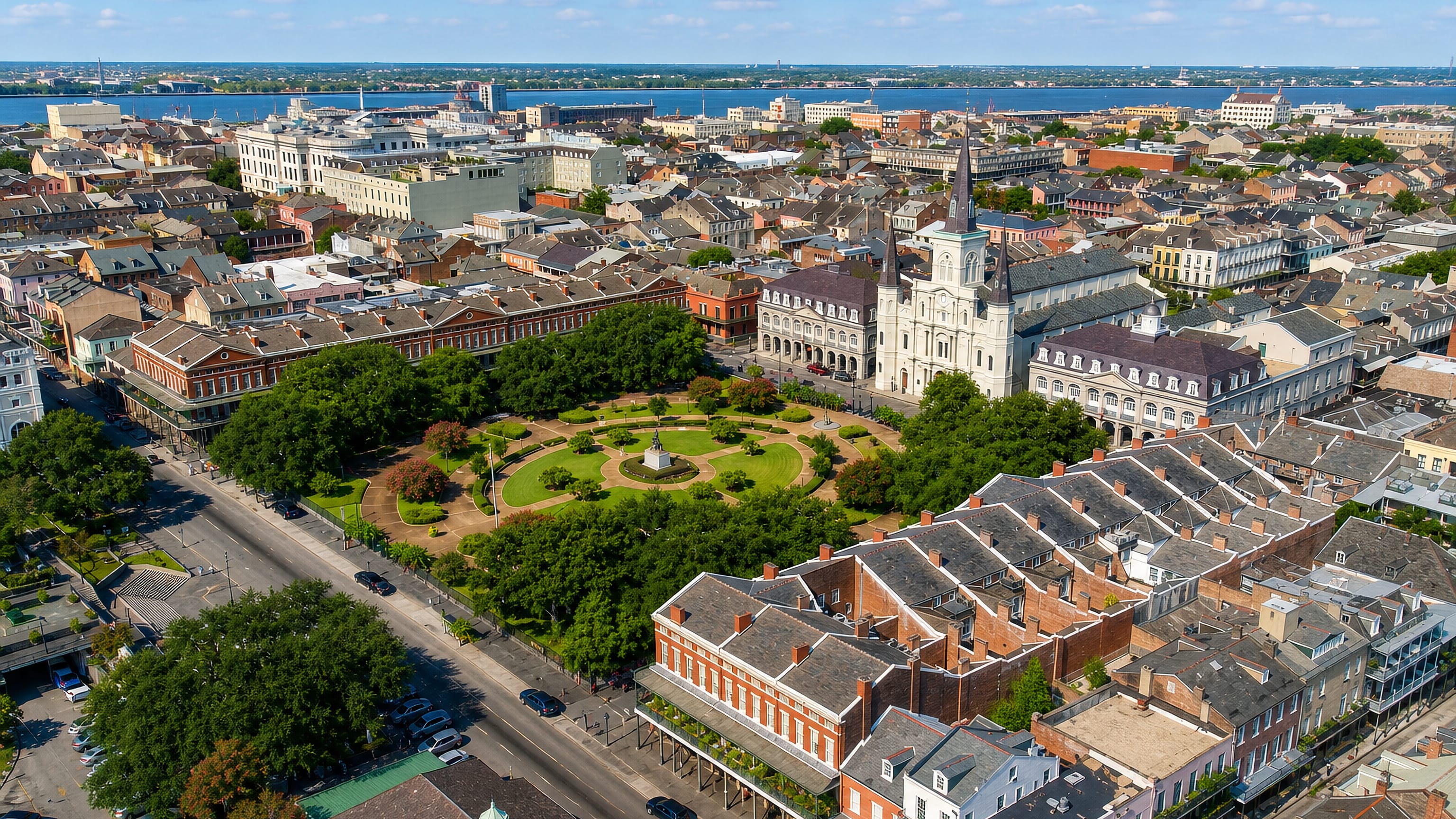 Aerial view of Jackson Square and St. Louis Cathedral in the French Quarter, New Orleans, with the Mississippi beyond