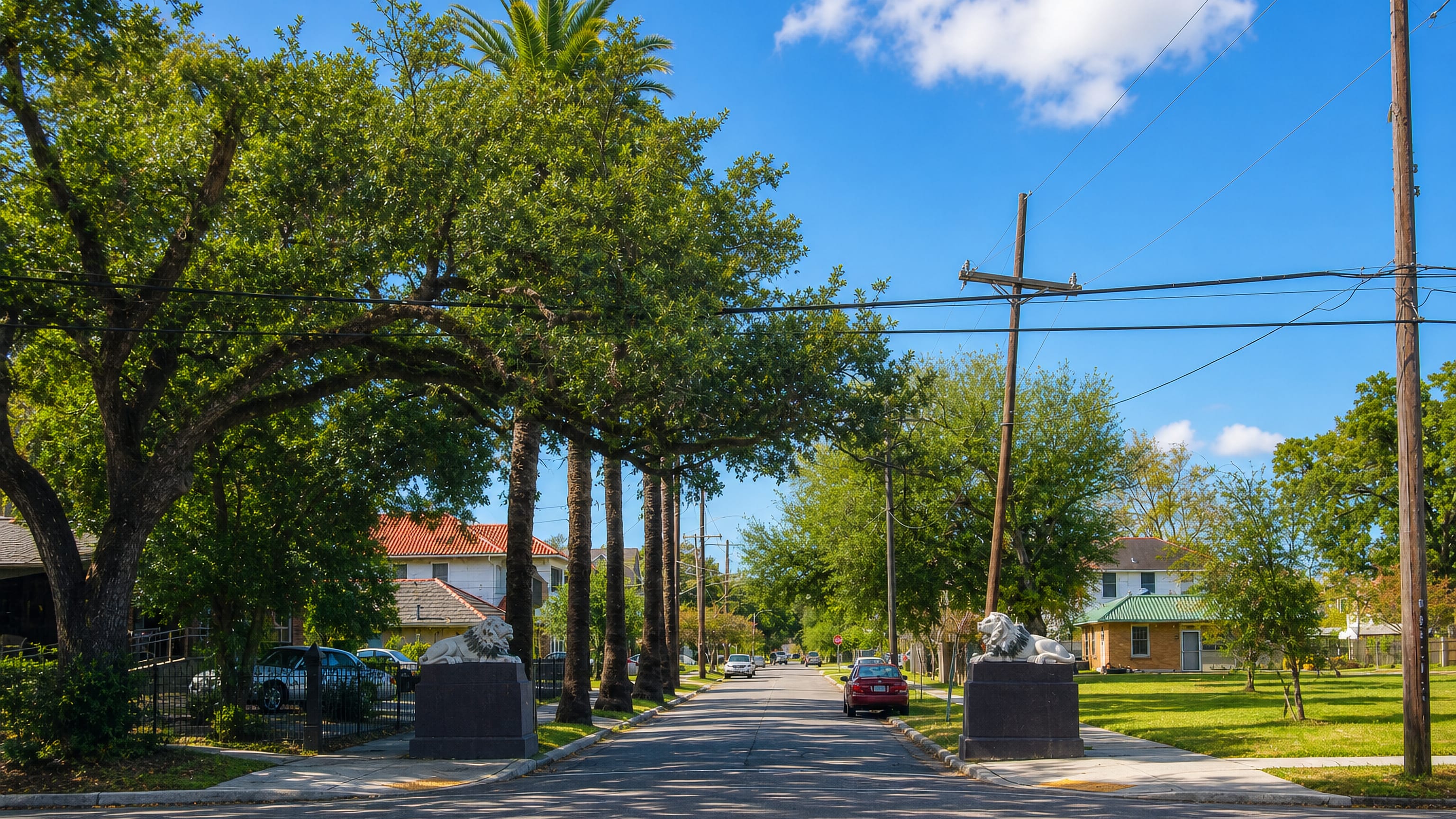 Oak- and palm-lined residential street in Hollygrove, New Orleans, with stone lion statues on gateposts