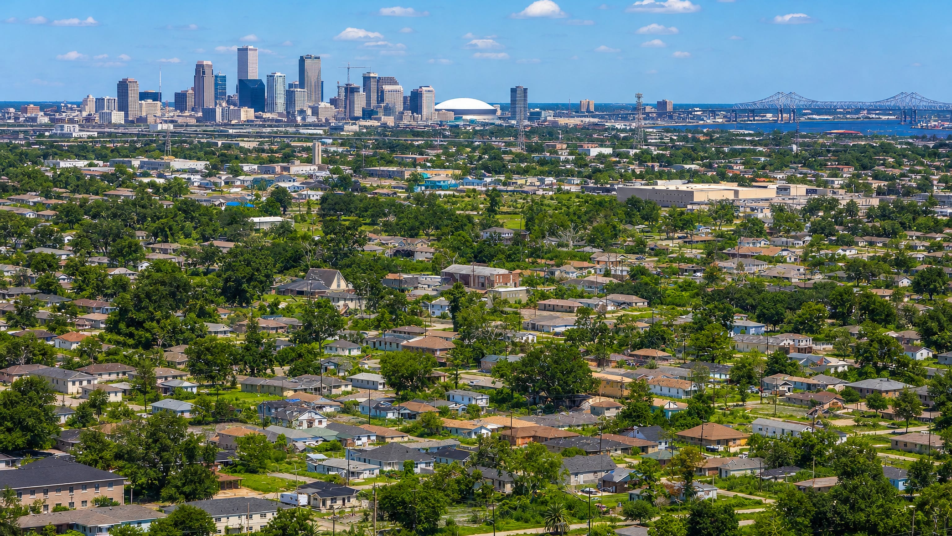 The Lower Ninth Ward's low-rise streets in New Orleans, with the downtown skyline and Superdome on the horizon.