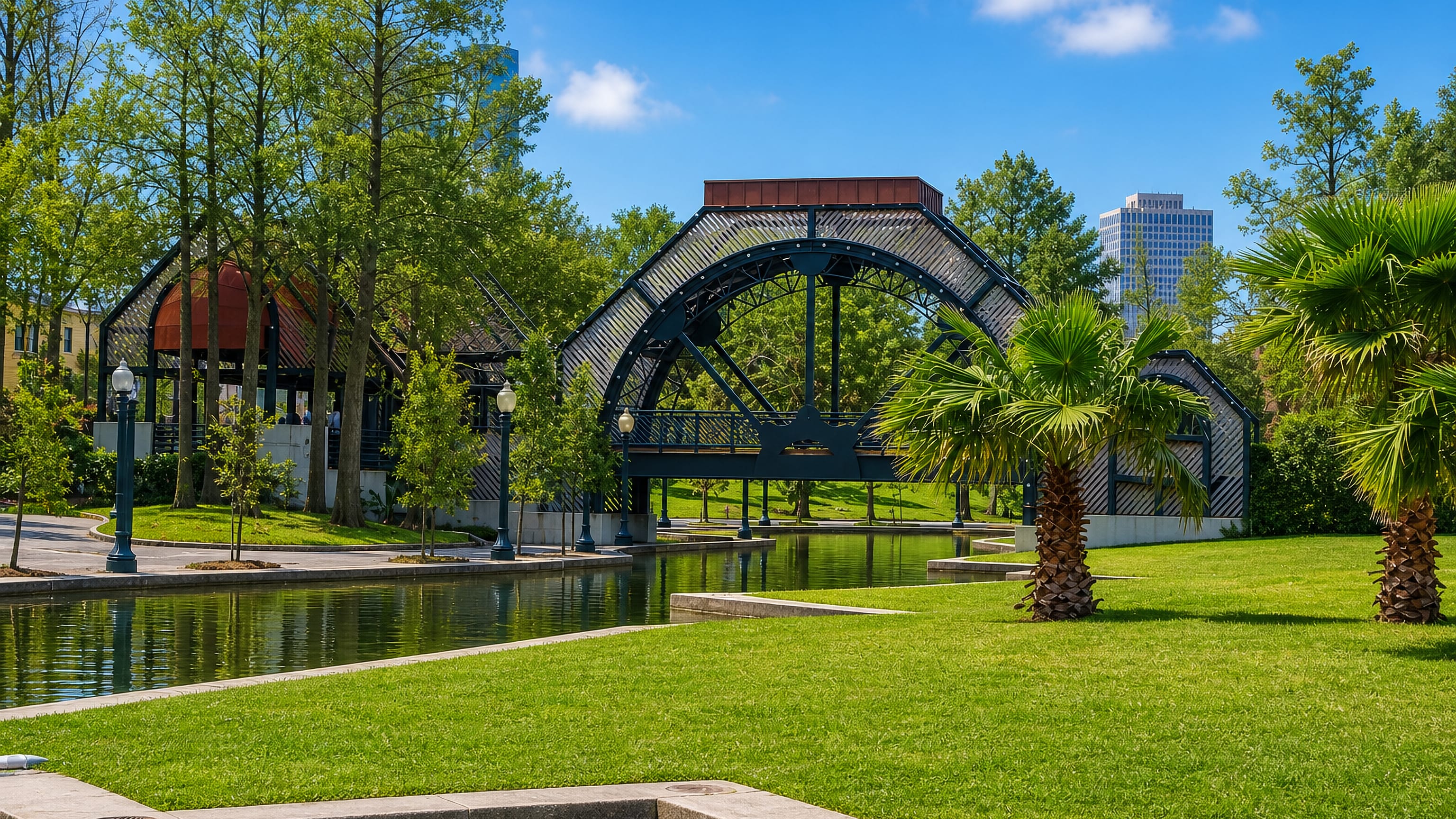 Arched iron footbridges over the park lagoon in Treme, New Orleans, with downtown towers beyond