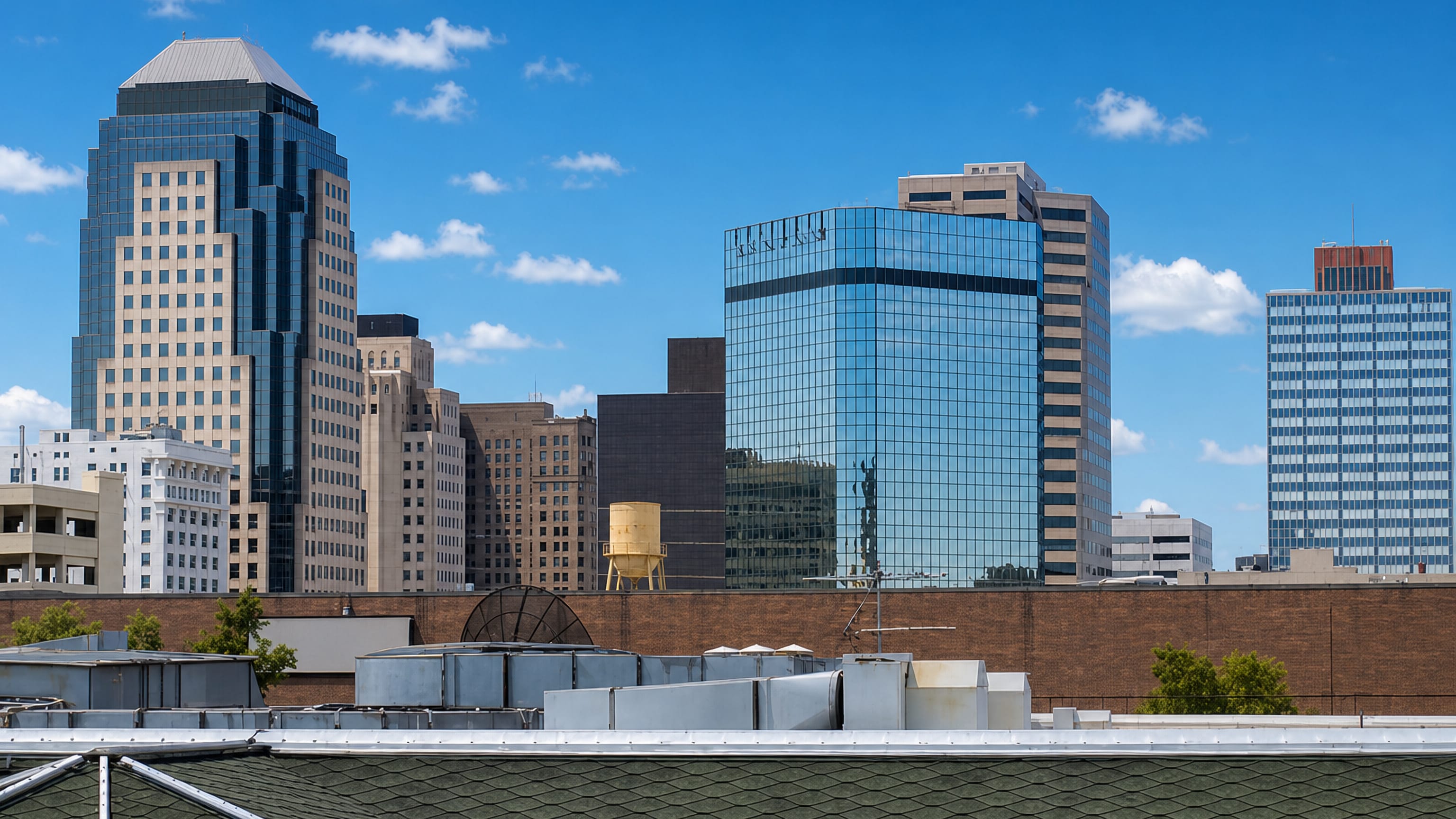 Downtown Shreveport's glass and stone office towers rising above low brick rooftops under a clear Louisiana sky.