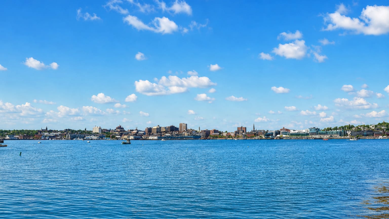 Portland, Maine's low waterfront skyline seen across Casco Bay under a bright blue summer sky.