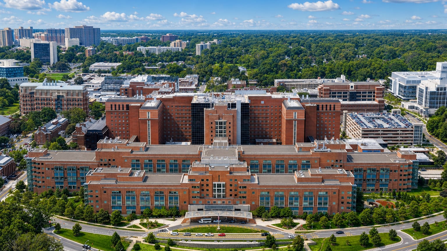 The red-brick NIH Clinical Center campus in Bethesda, Maryland, framed by green suburbs under a blue sky.