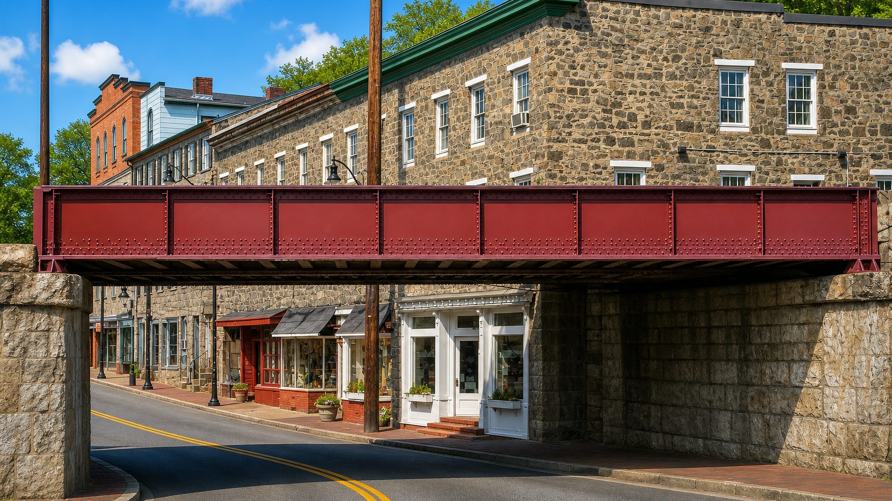 The red railway bridge over Main Street in Ellicott City, Maryland, with stone-fronted historic shops beneath.
