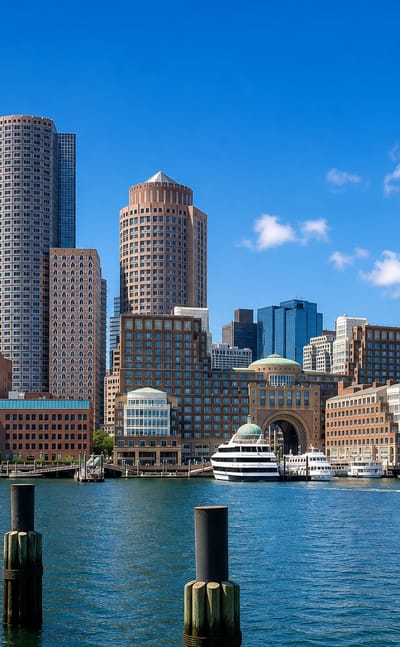 Boston's waterfront skyline across the harbor, with the Rowes Wharf arch and Financial District towers on a clear day.