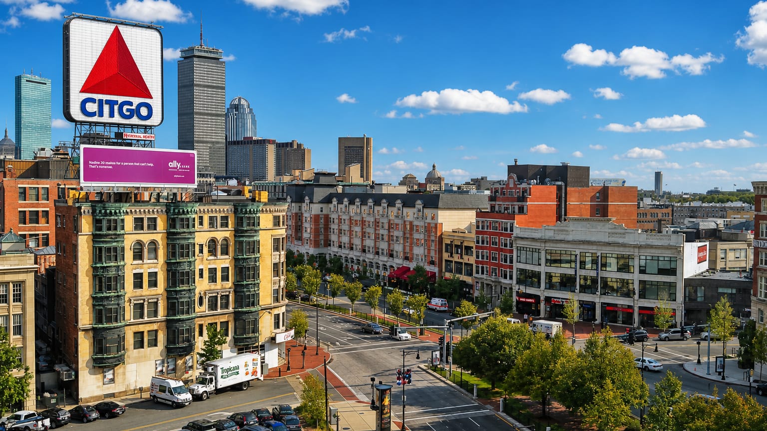 The illuminated CITGO sign above Kenmore Square with the Prudential Tower and Back Bay skyline in Boston's Fenway/Kenmore.