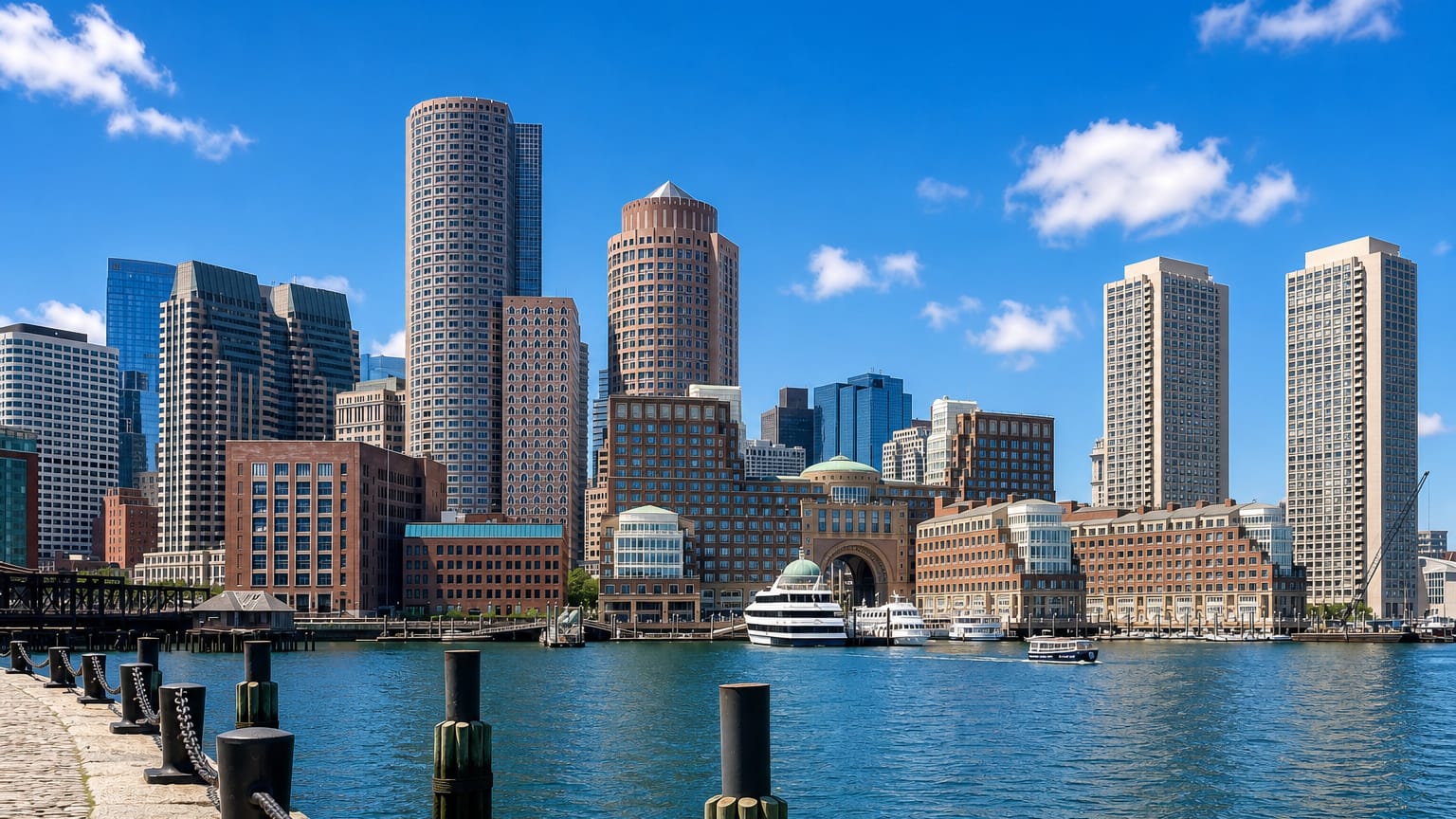 Boston's waterfront skyline across the harbor, with the Rowes Wharf arch and Financial District towers on a clear day.